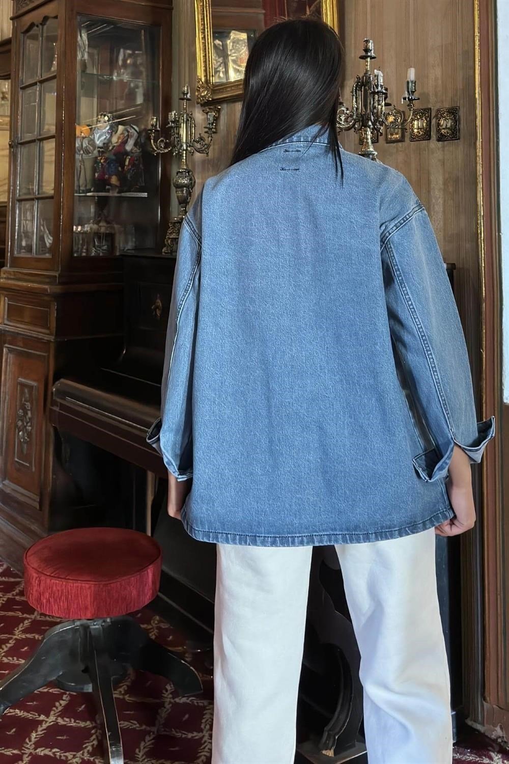 Mavi Geniş Cepli, Düğme Detaylı, Oversize Kot Ceket Gömlek