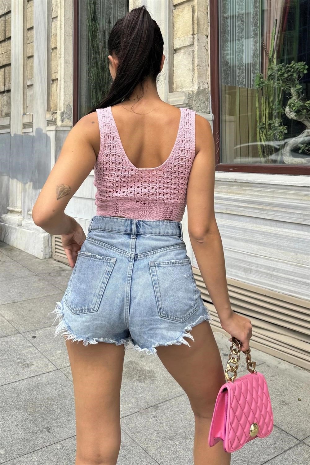 Pembe Ajurlu Kalın Askılı Triko Bluz