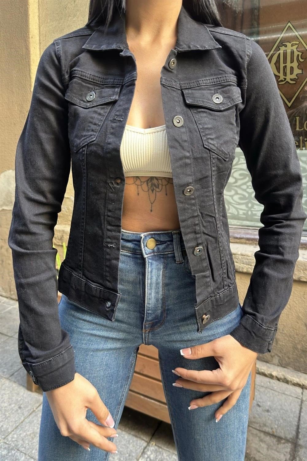 Siyah Dar Kesim, Cepli, Düğmeli, Denim Kot Ceket