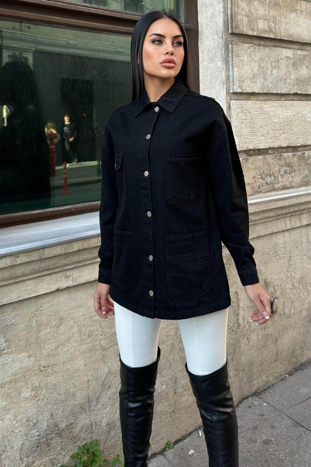 Siyah Geniş Cepli, Düğme Detaylı, Oversize Kot Ceket Gömlek