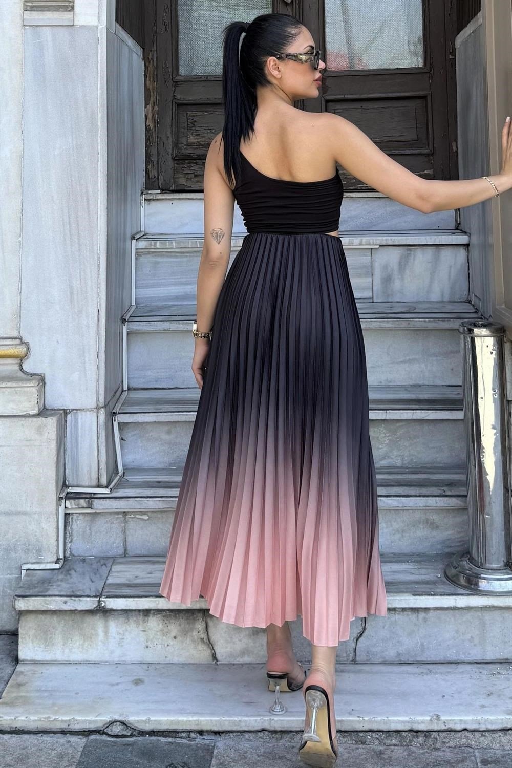 Somon Siyah Ombre Pilili Uzun Etek