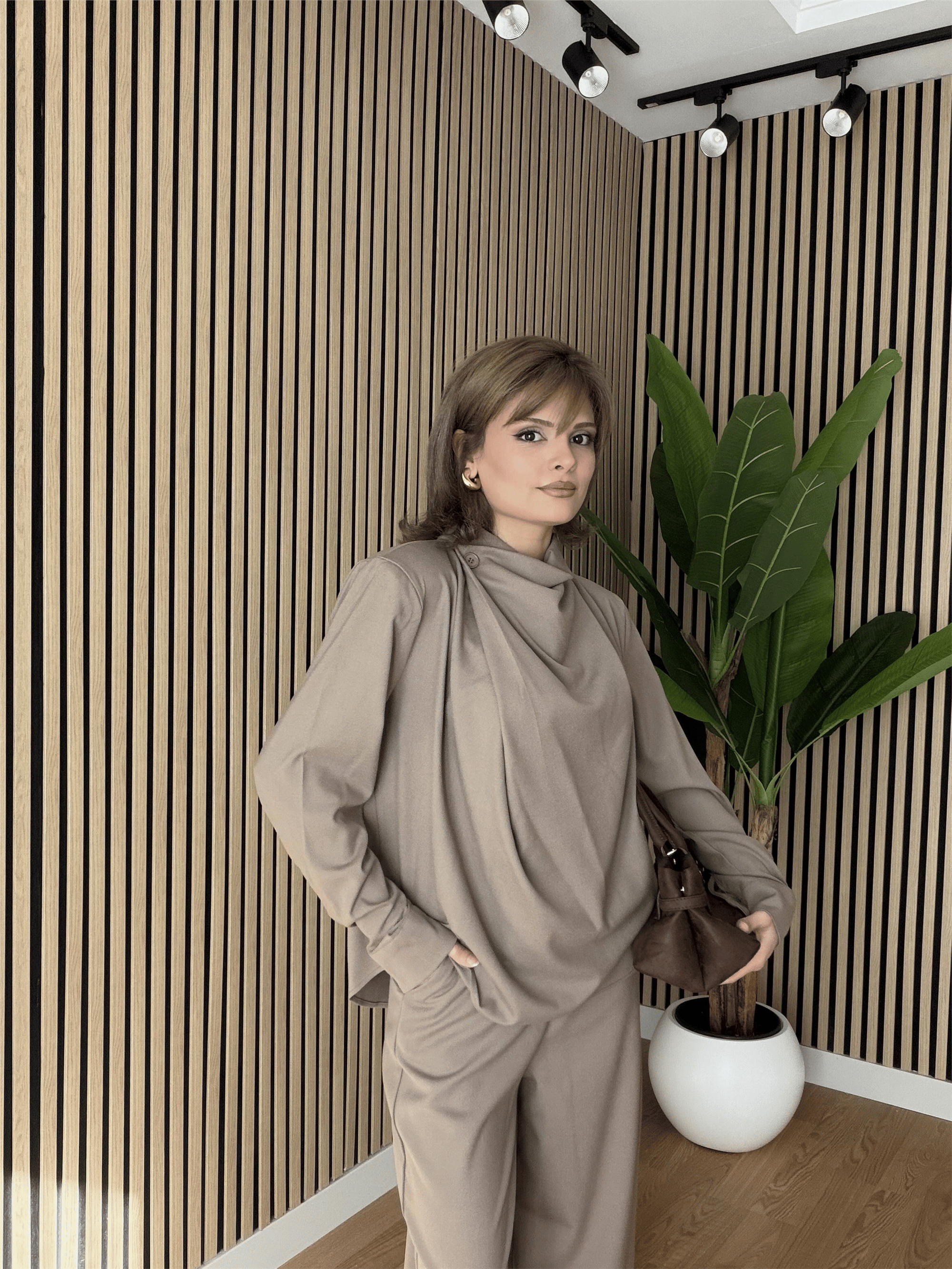 Dökümlü Bluz Pantolon Takım Vizon