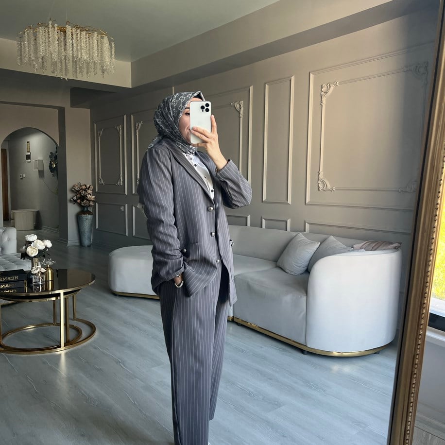 Çizgili Antrasit Blazer Takım