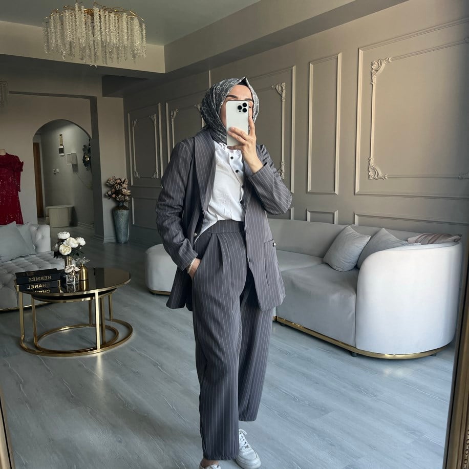 Çizgili Antrasit Blazer Takım