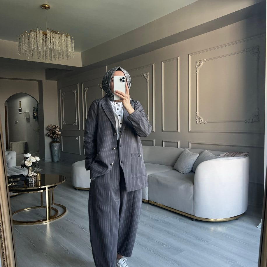 Çizgili Antrasit Blazer Takım