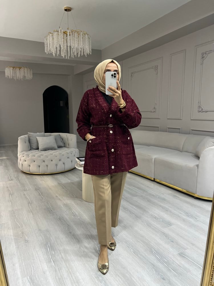 Sare Tüvit Bordo Hırka