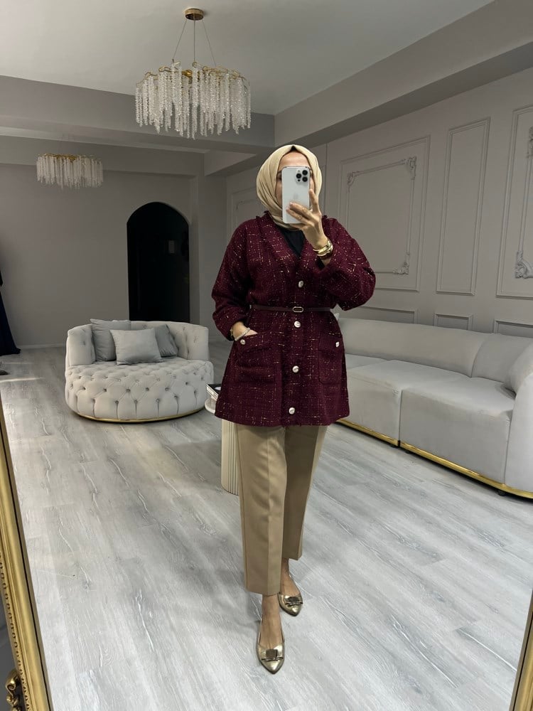 Sare Tüvit Bordo Hırka