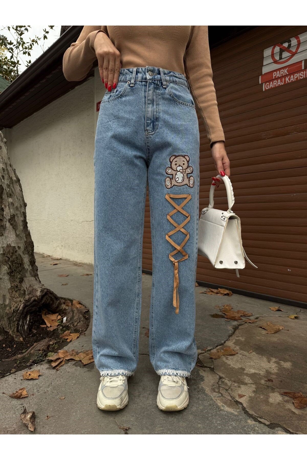 Bear Kot Pantolon Dantel Paça Straight / Regular Fit Yüksek Bel %100 Pamuk