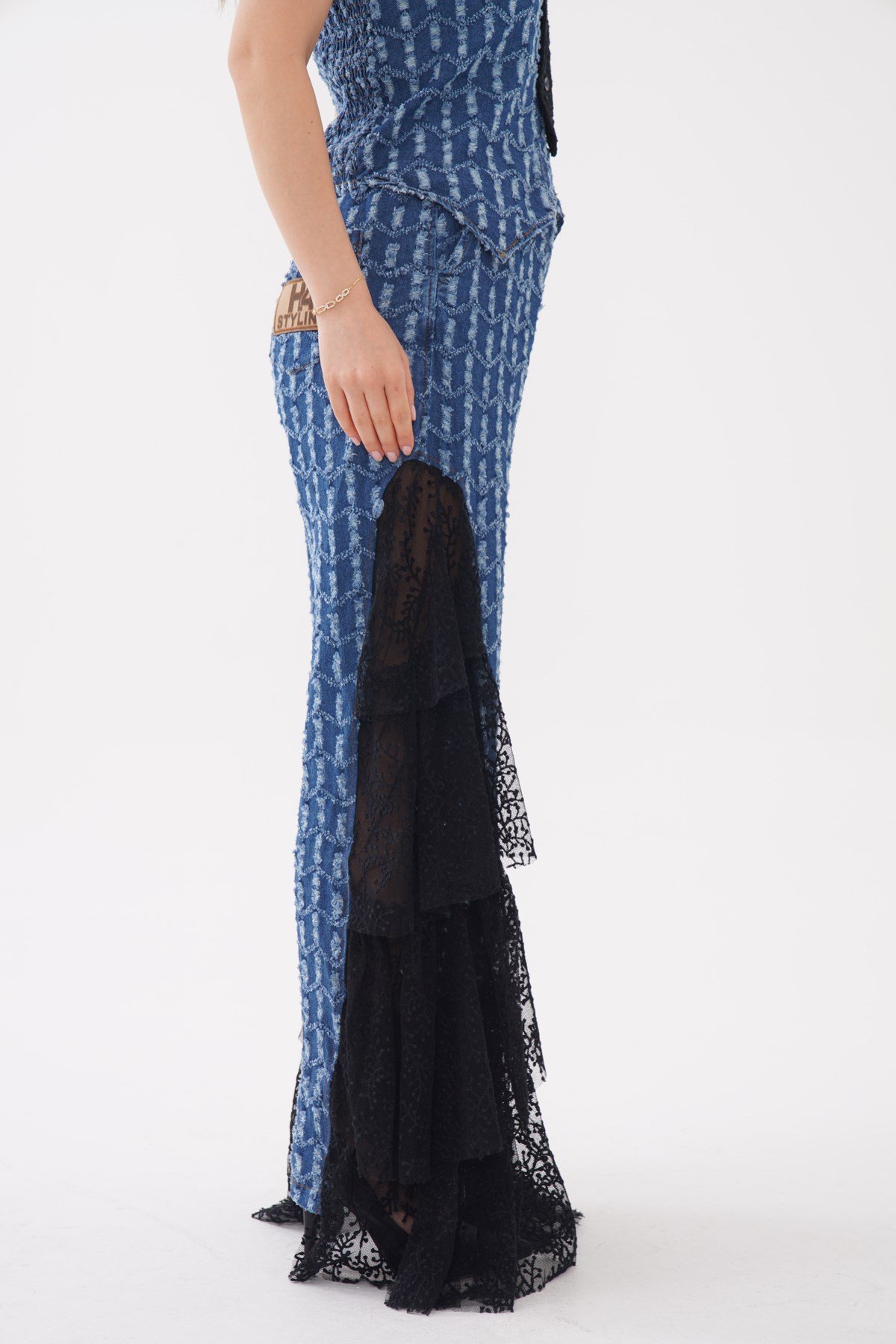 Couture Stil Dantel İşlemeli Yüksek Bel Jean Pantolon