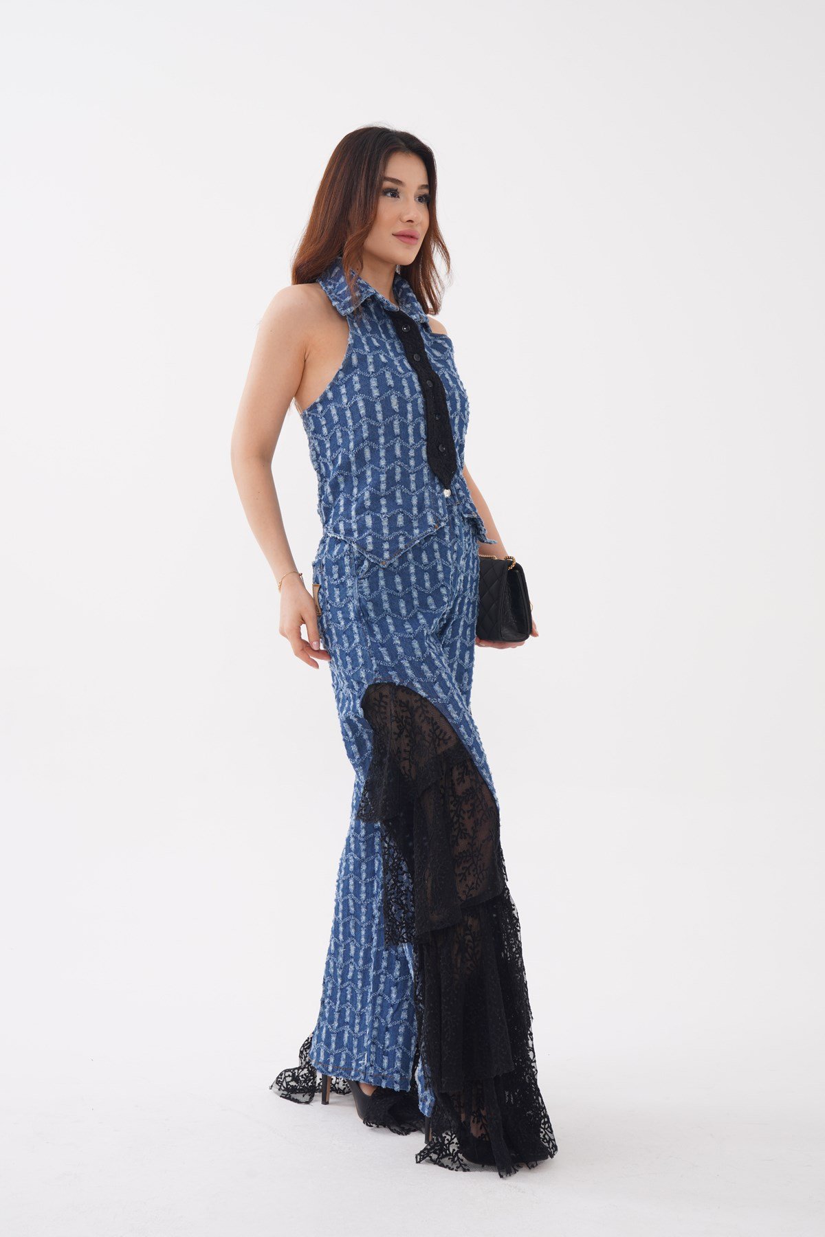 Couture Stil Dantel İşlemeli Yüksek Bel Jean Pantolon