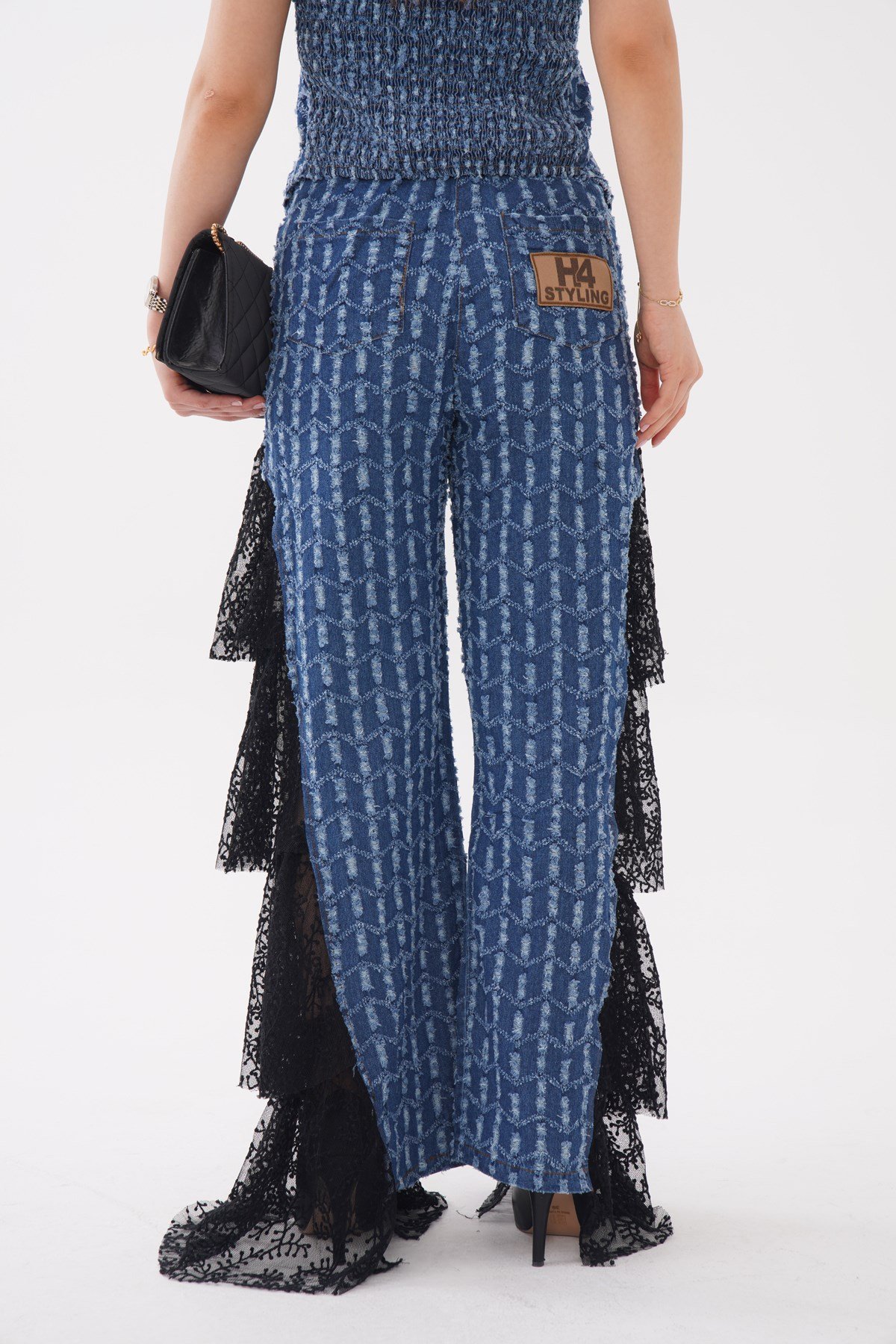 Couture Stil Dantel İşlemeli Yüksek Bel Jean Pantolon