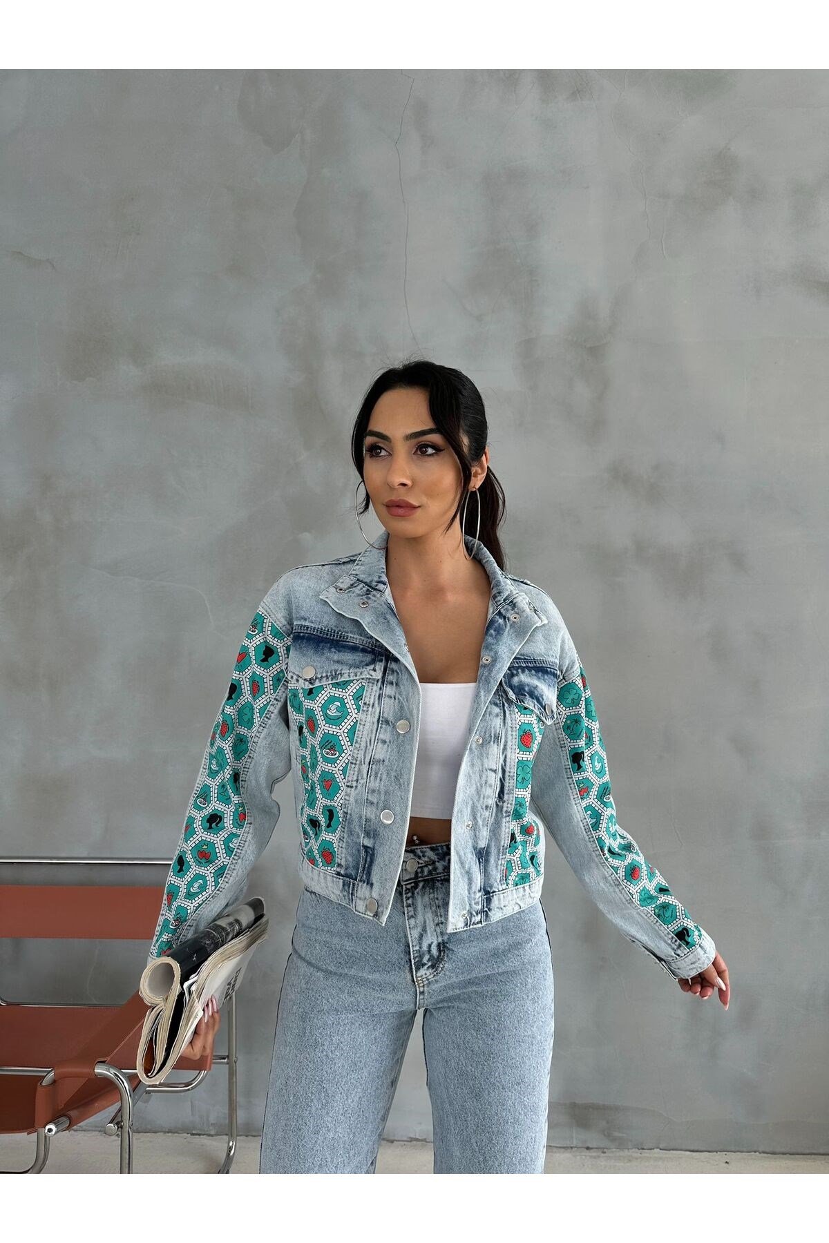 Heksagon Art Baskılı Kot Crop Ceket Jeanolog