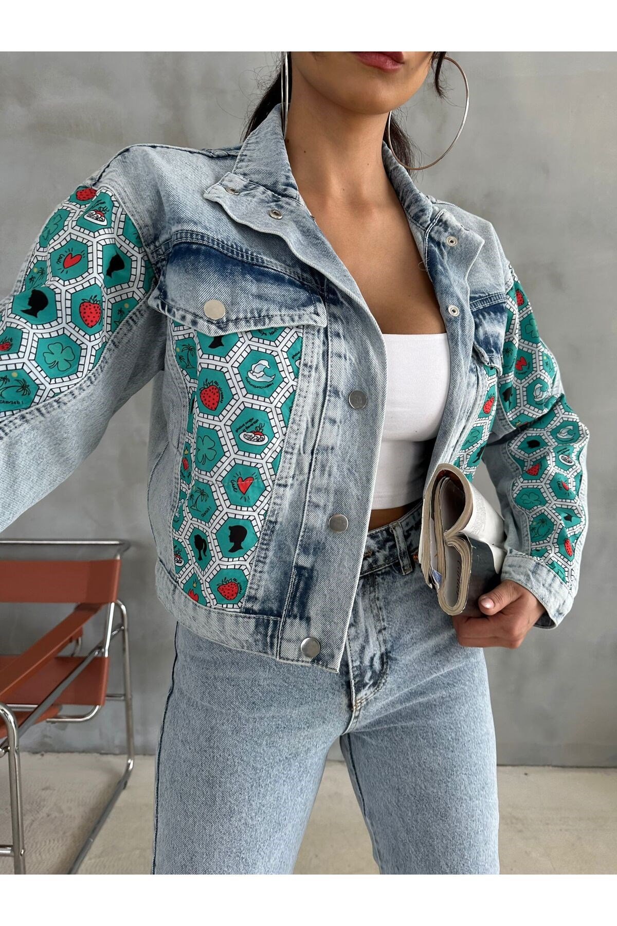 Heksagon Art Baskılı Kot Crop Ceket Jeanolog