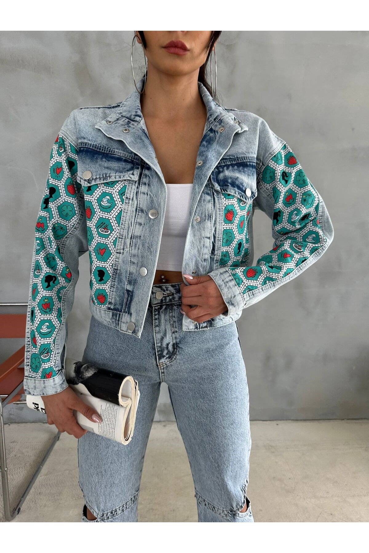 Heksagon Art Baskılı Kot Crop Ceket Jeanolog