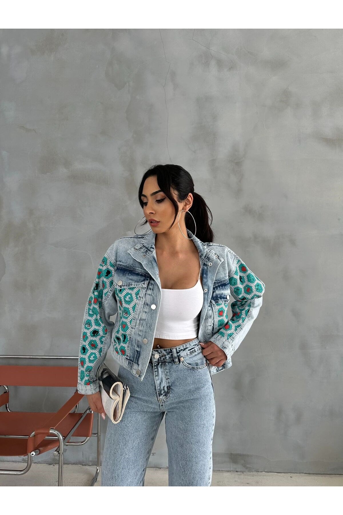 Heksagon Art Baskılı Kot Crop Ceket Jeanolog