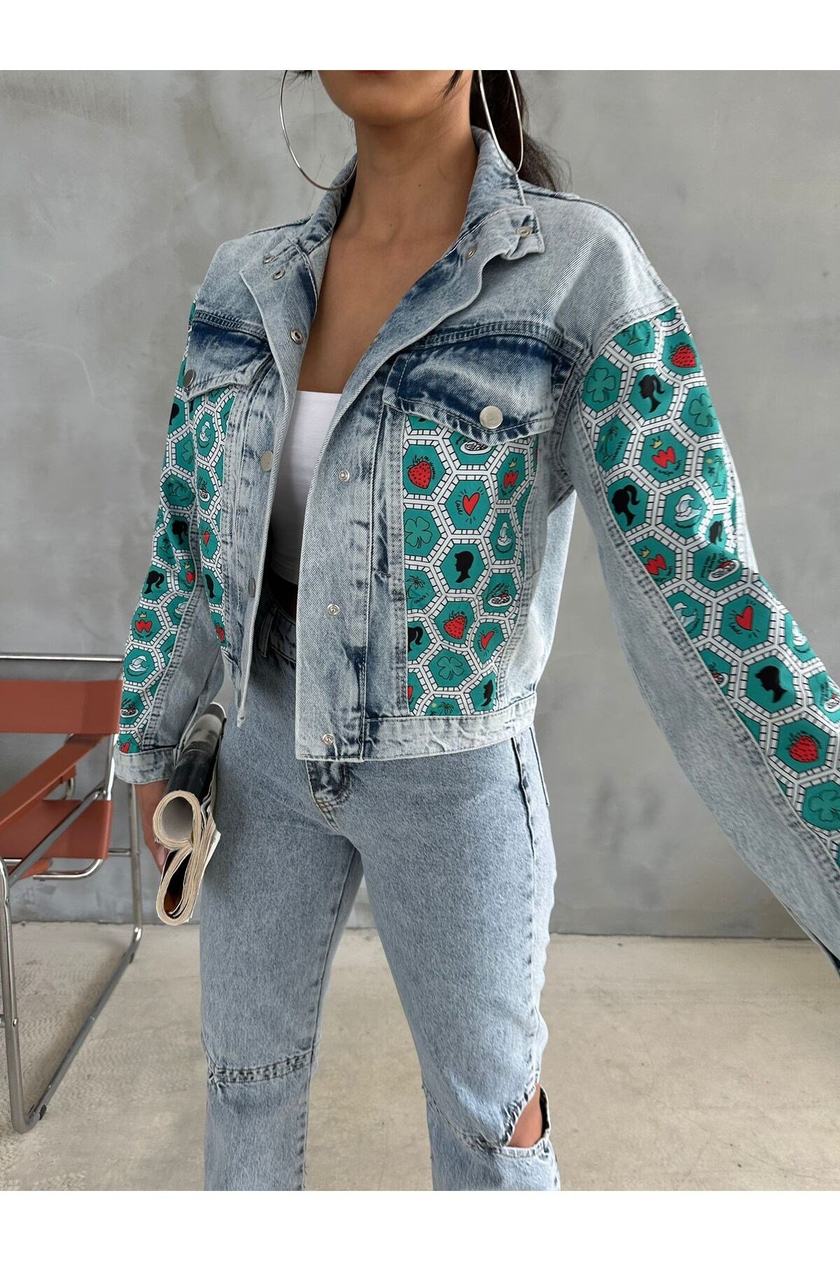 Heksagon Art Baskılı Kot Crop Ceket Jeanolog