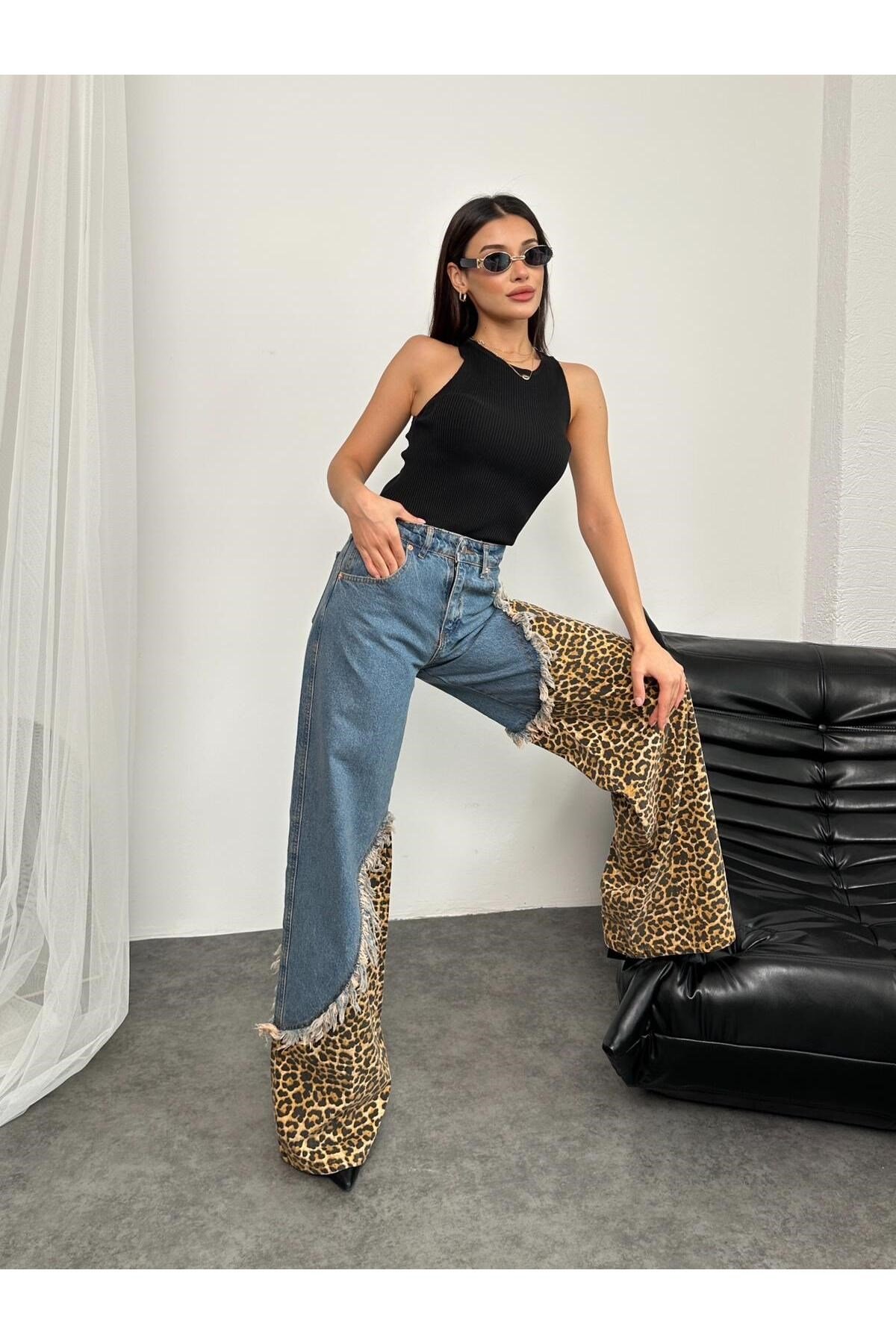Leopar Kot Pantolon Garnili Tasarım Palazzo Jeanolog