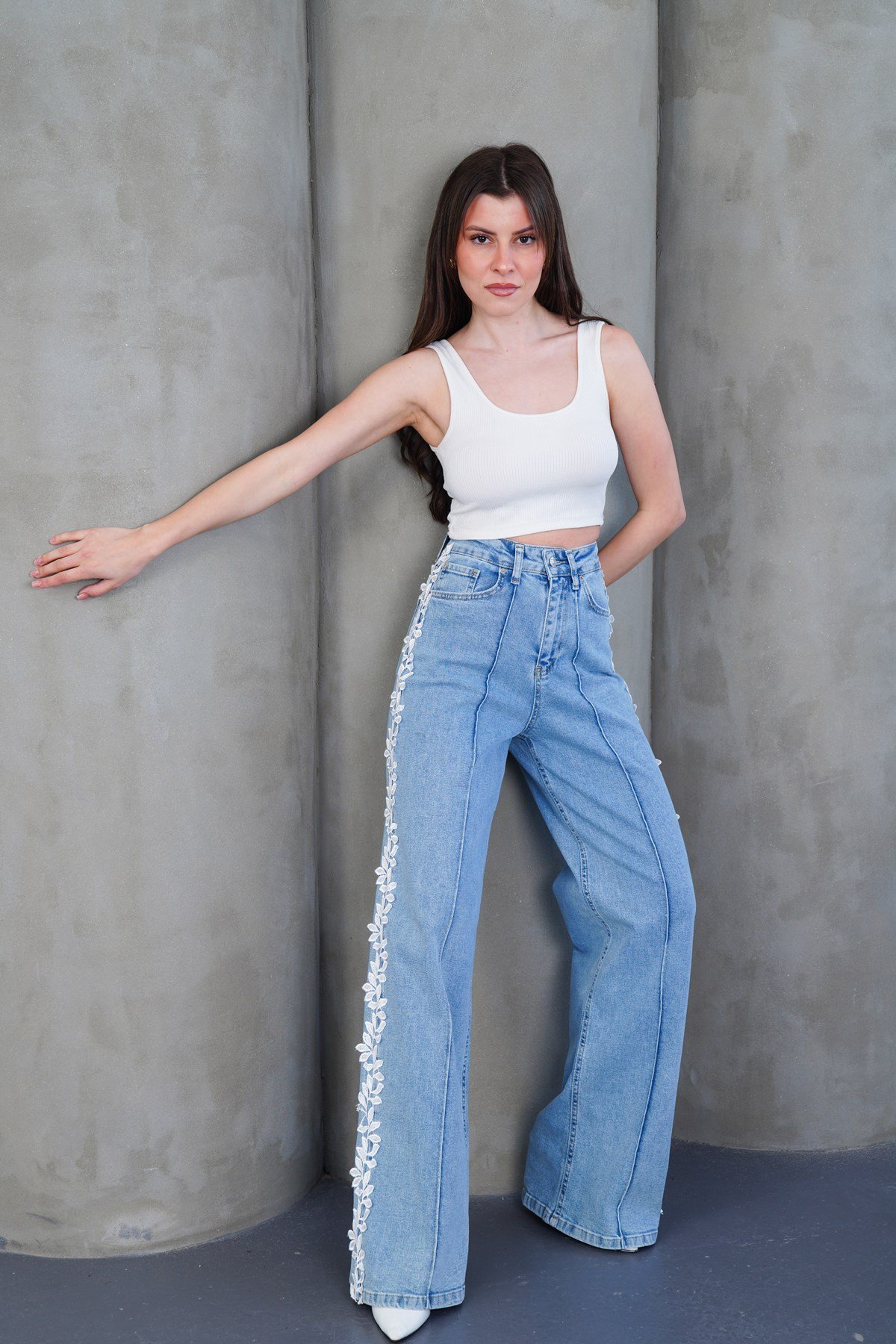 Şerit Dantelli Modern Wide Leg Jean Likralı Pantolon