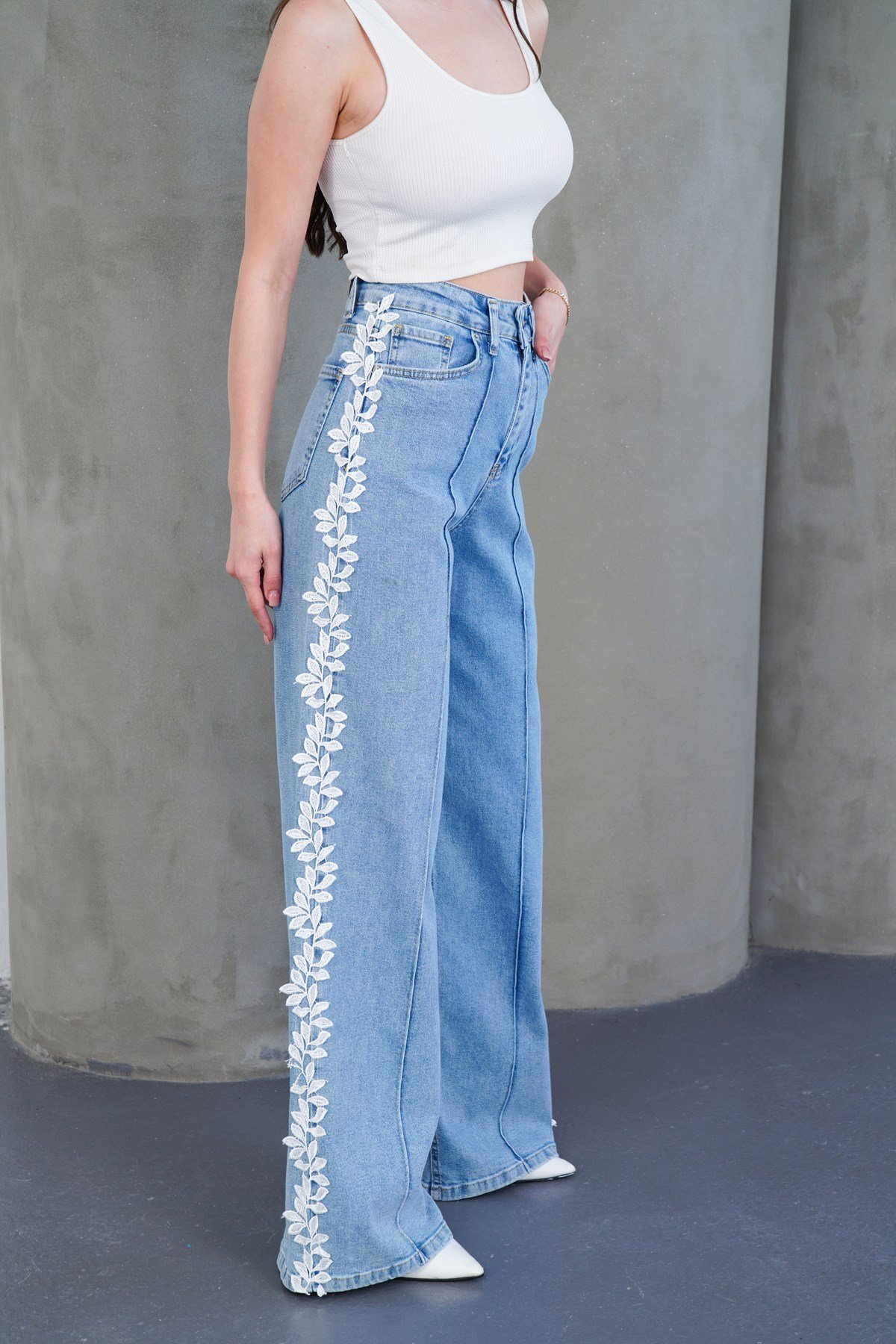 Şerit Dantelli Modern Wide Leg Jean Likralı Pantolon