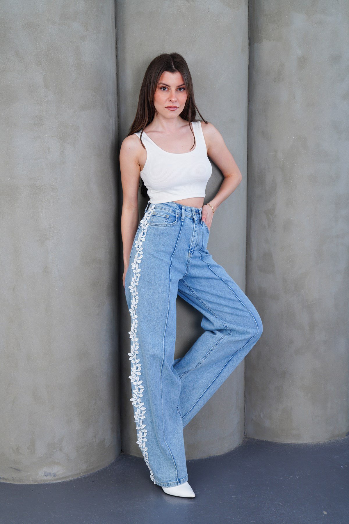 Şerit Dantelli Modern Wide Leg Jean Likralı Pantolon