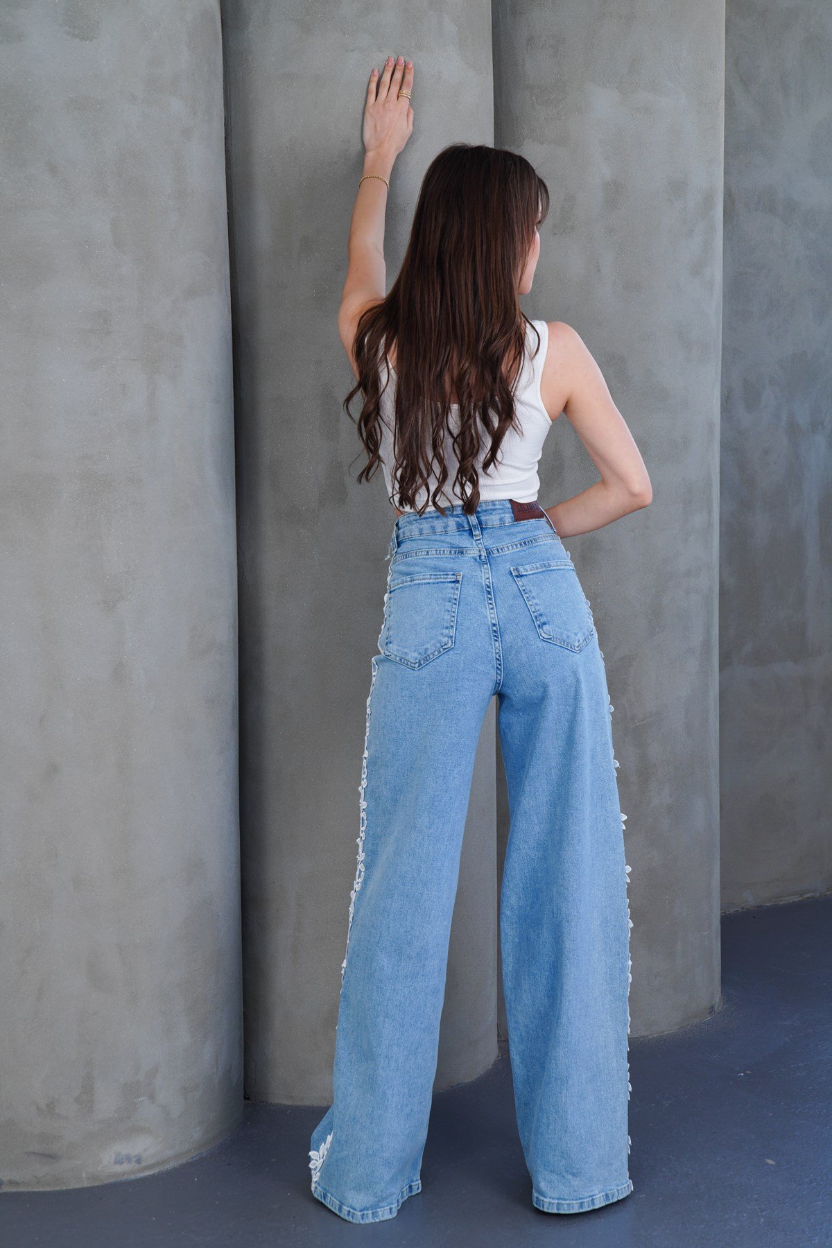 Şerit Dantelli Modern Wide Leg Jean Likralı Pantolon