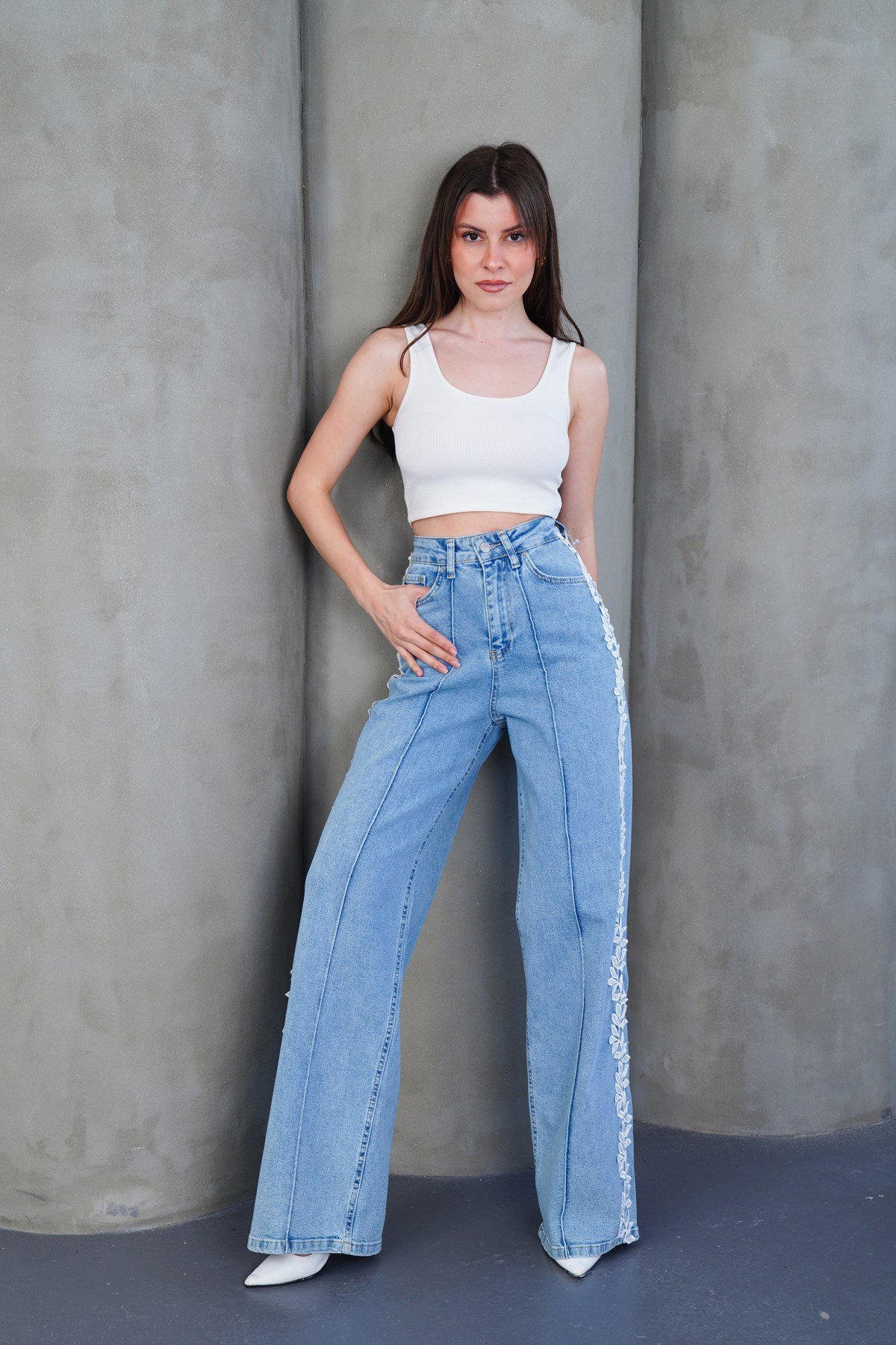 Şerit Dantelli Modern Wide Leg Jean Likralı Pantolon