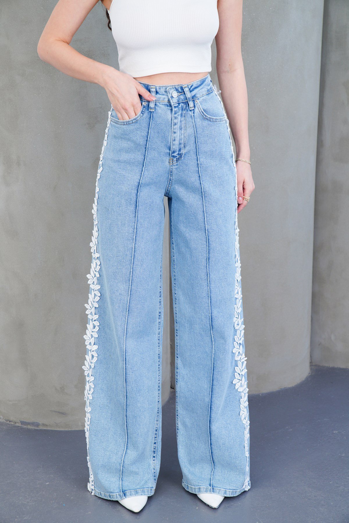 Şerit Dantelli Modern Wide Leg Jean Likralı Pantolon