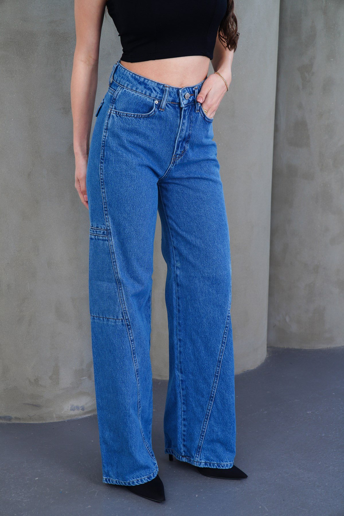 Yüksek Bel Panel Dikişli Loose Fit Wide Leg Mavi Jean (Dar kalıp bir beden büyük tavsiye edilir)
