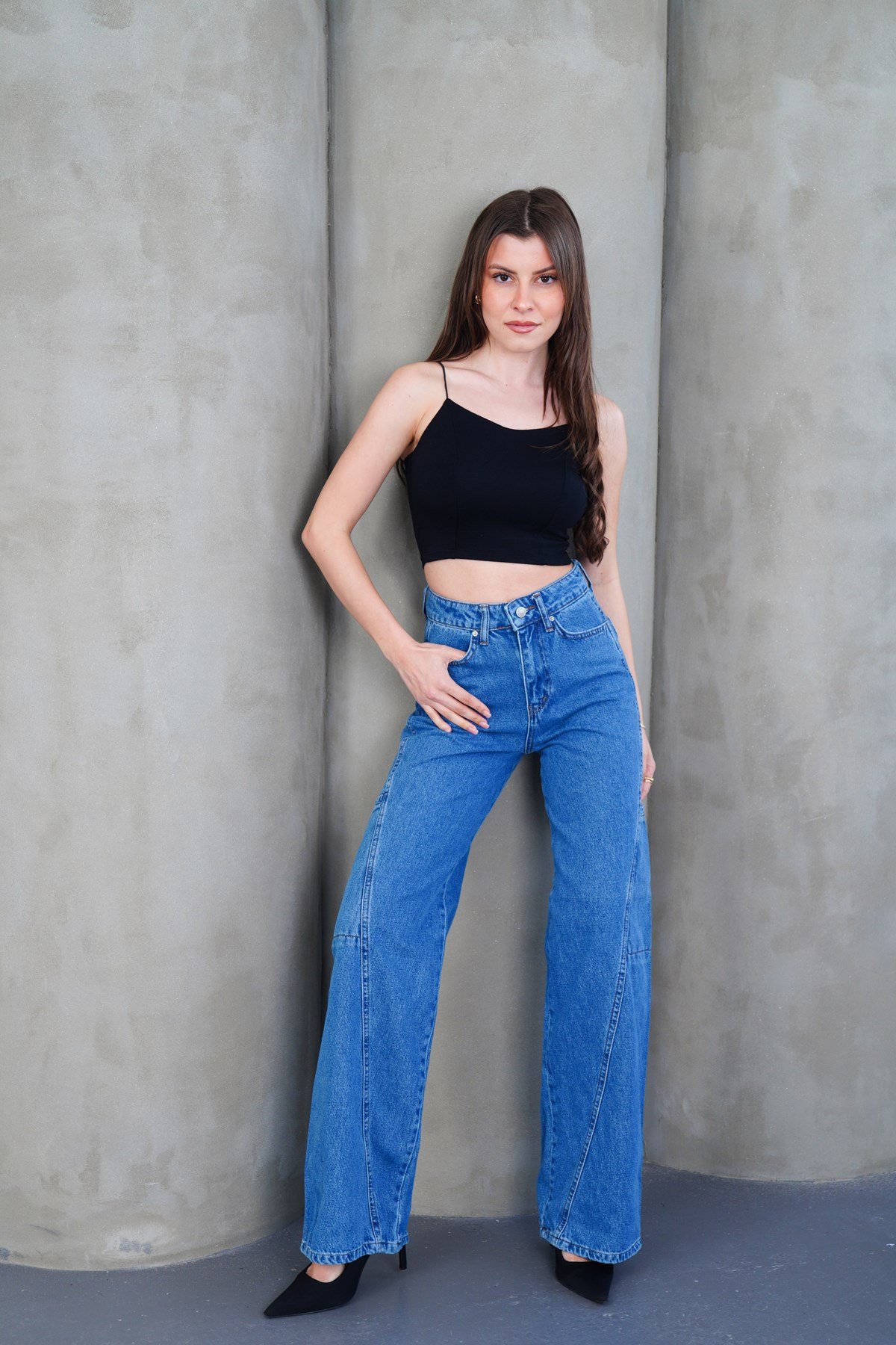 Yüksek Bel Panel Dikişli Loose Fit Wide Leg Mavi Jean (Dar kalıp bir beden büyük tavsiye edilir)