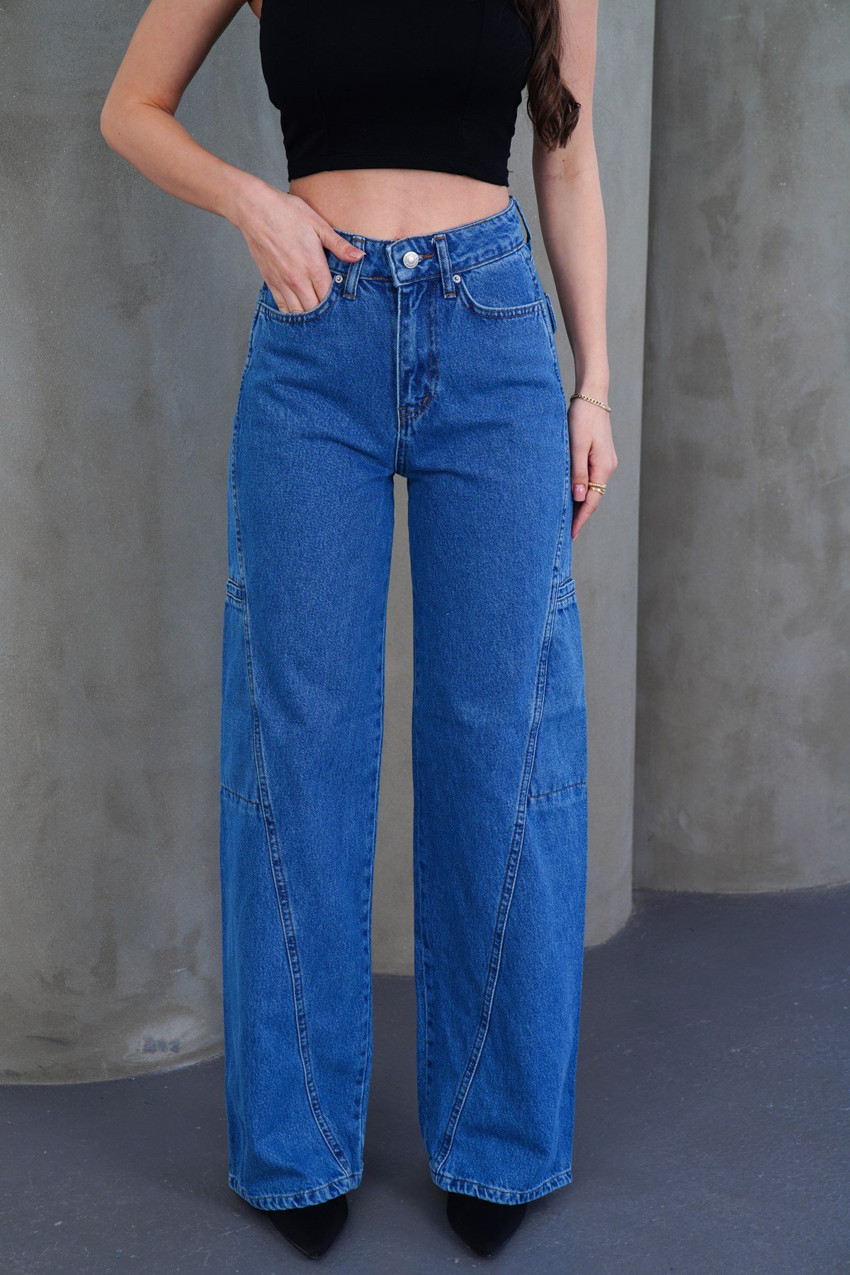 Yüksek Bel Panel Dikişli Loose Fit Wide Leg Mavi Jean (Dar kalıp bir beden büyük tavsiye edilir)