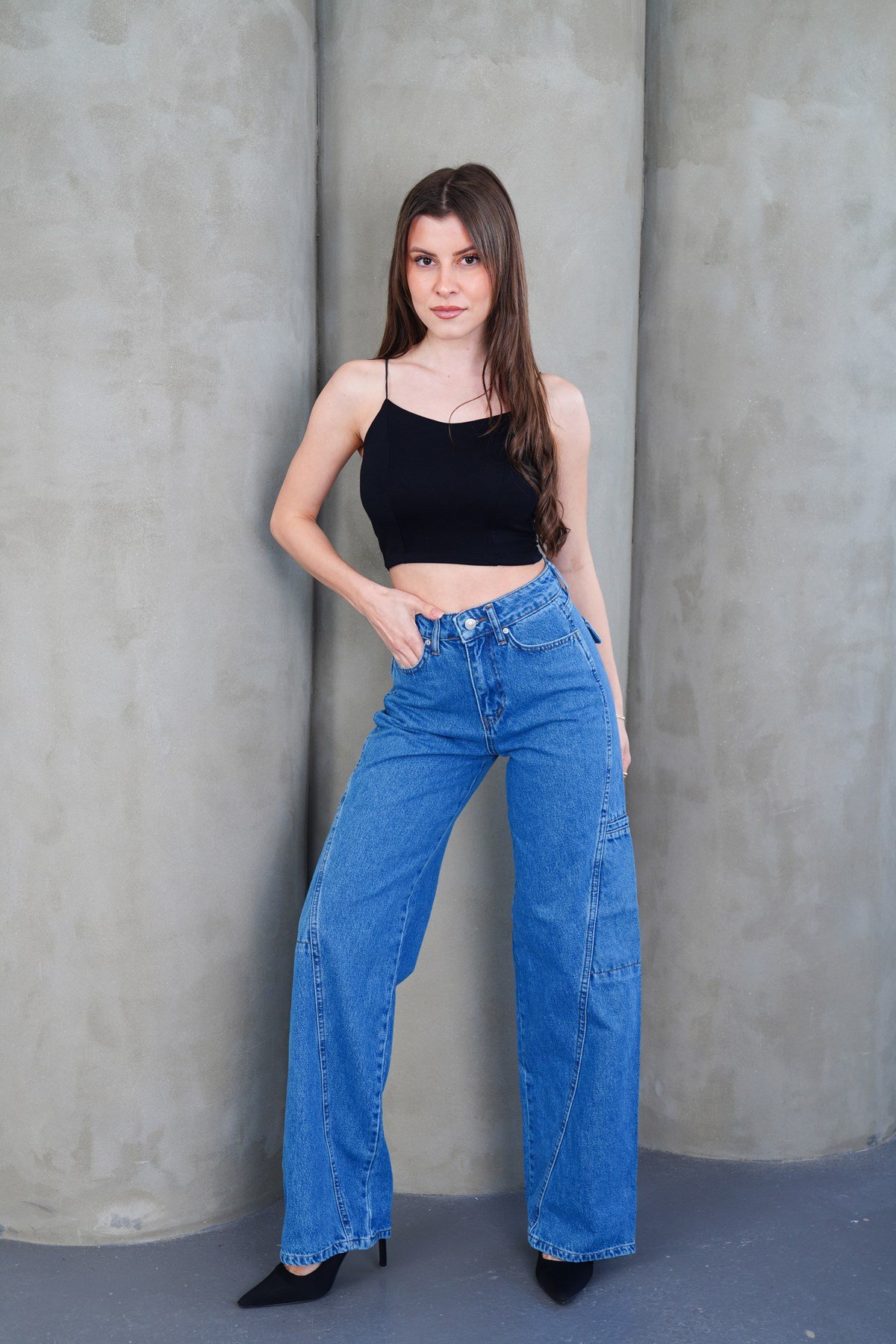 Yüksek Bel Panel Dikişli Loose Fit Wide Leg Mavi Jean (Dar kalıp bir beden büyük tavsiye edilir)