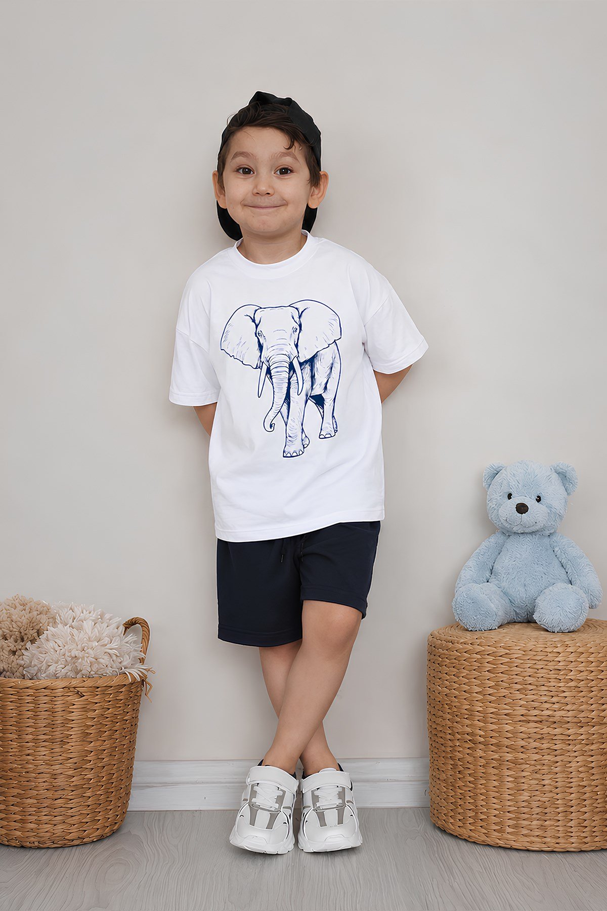 Erkek Çocuk Oversize Tişört Alt 2 İplik Şort Premium Kalite Belya Kids Fil Tasarım Alt Üst Takım