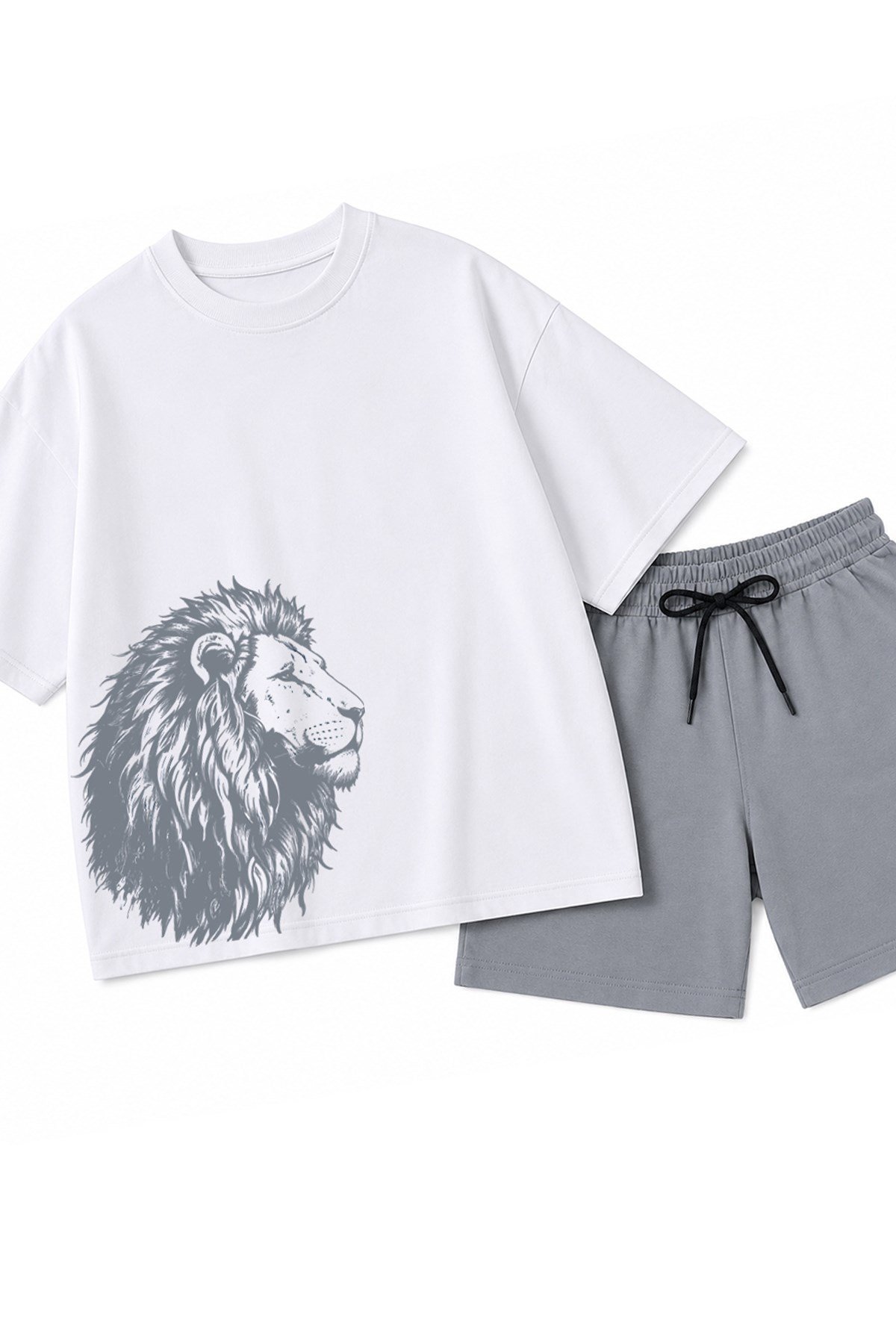 Erkek Çocuk Oversize Tişört Alt 2 İplik Şort Premium Kalite Belya Kids Aslan Tasarım Alt Üst Takım