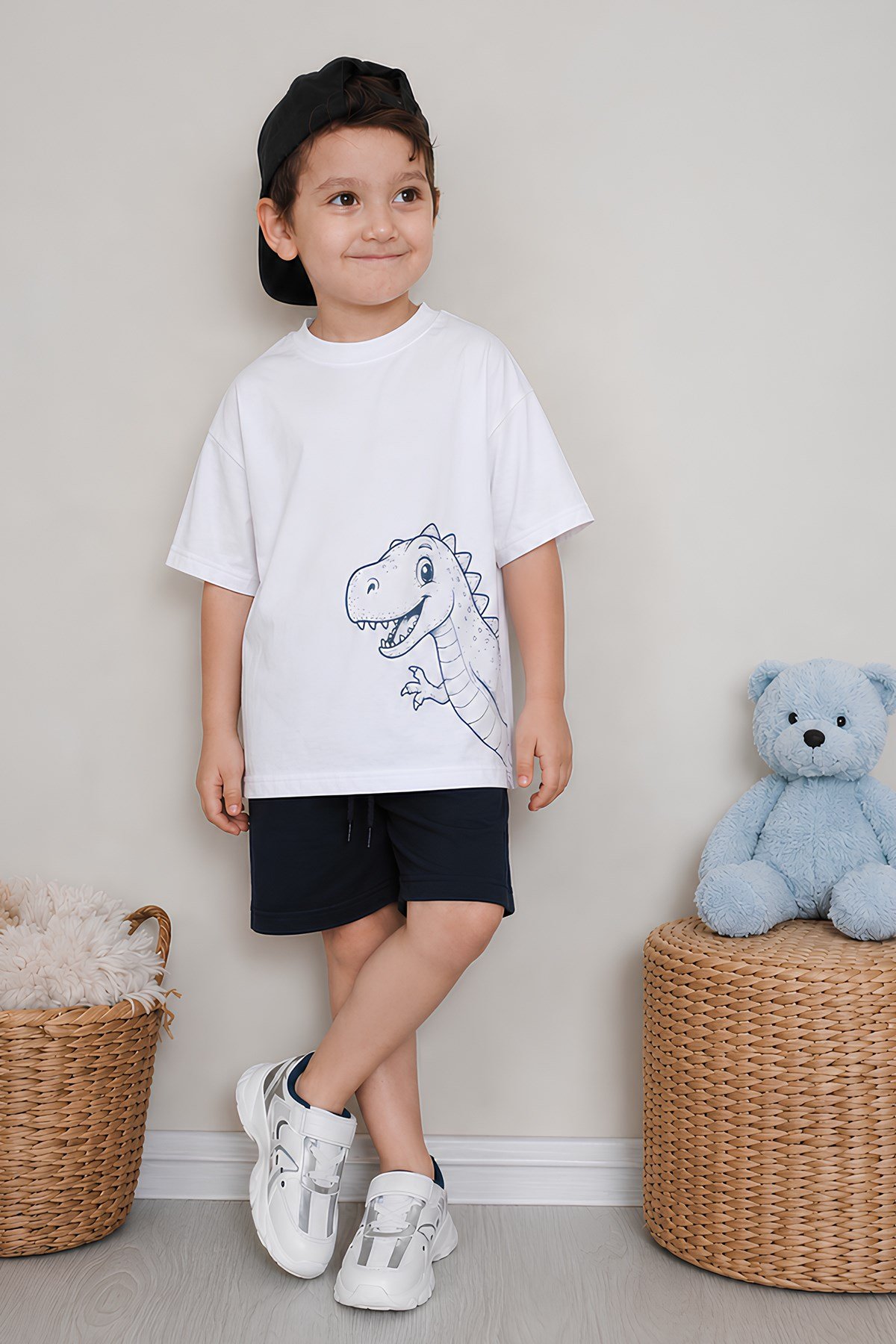 Erkek Çocuk Oversize Tişört Alt 2 İplik Şort Premium Kalite Belya Kids Dinazor Tasarım Alt Üst Takım