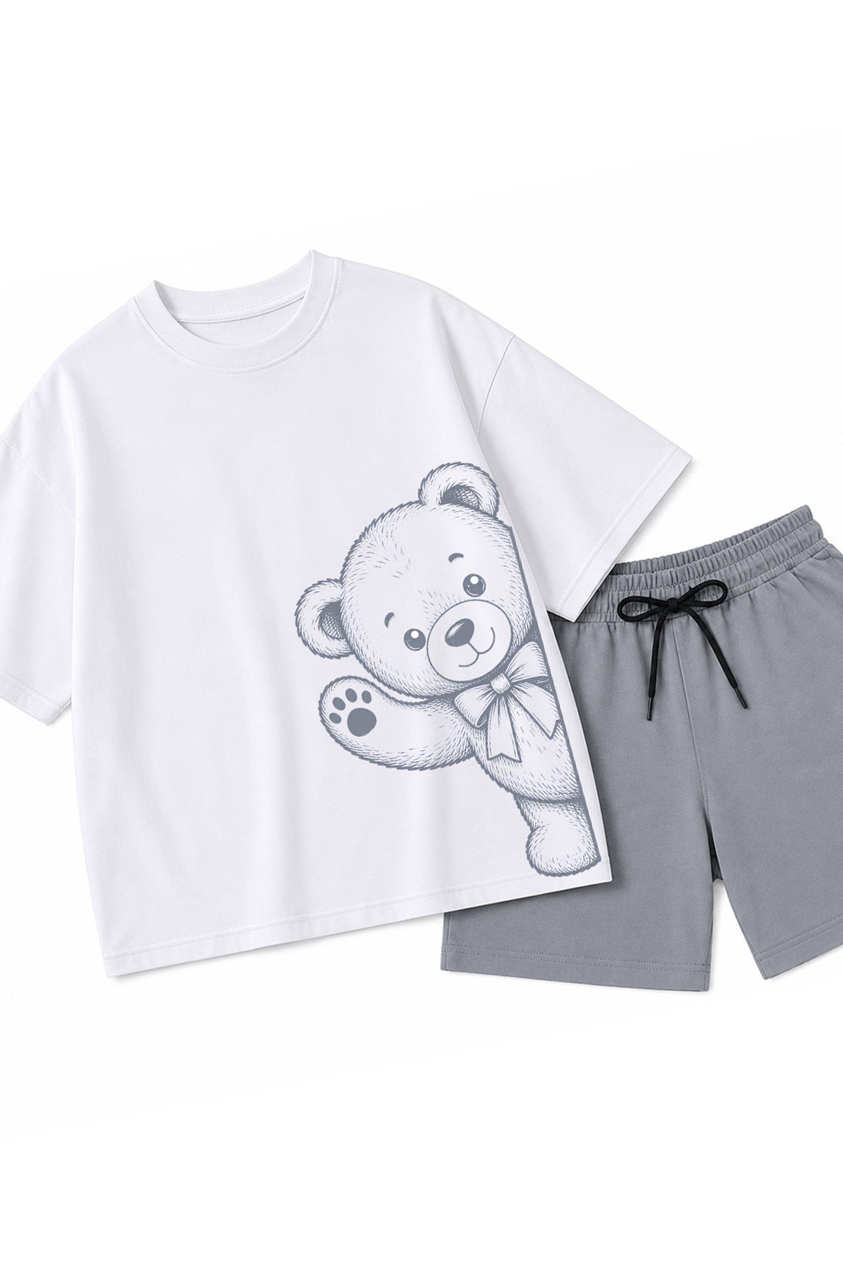 Erkek Çocuk Oversize Tişört Alt 2 İplik Şort Premium Kalite Belya Kids Ayıcık Tasarım Alt Üst Takım