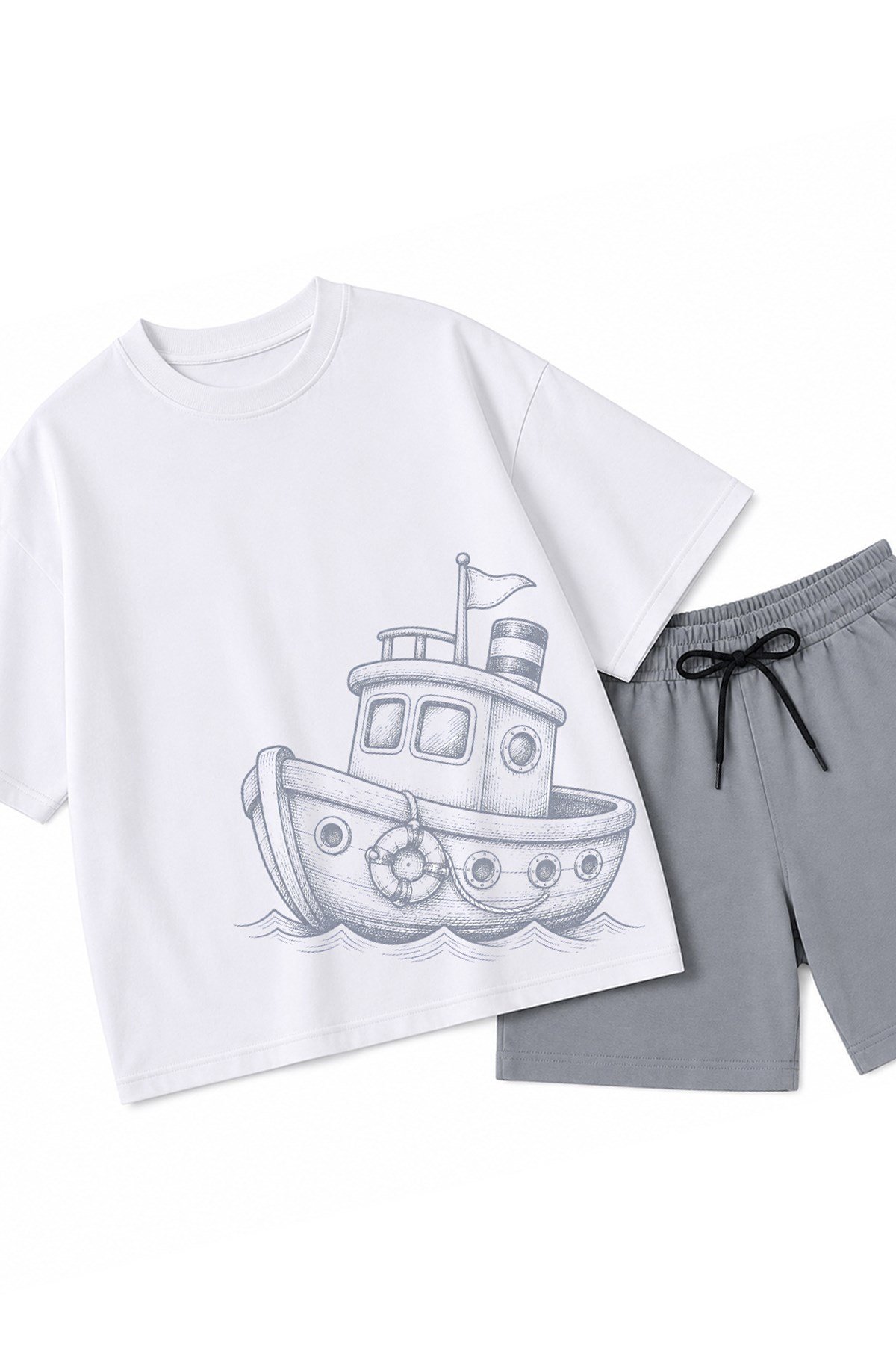 Erkek Çocuk Oversize Tişört Alt 2 İplik Şort Premium Kalite Belya Kids Gemi Tasarım Alt Üst Takım