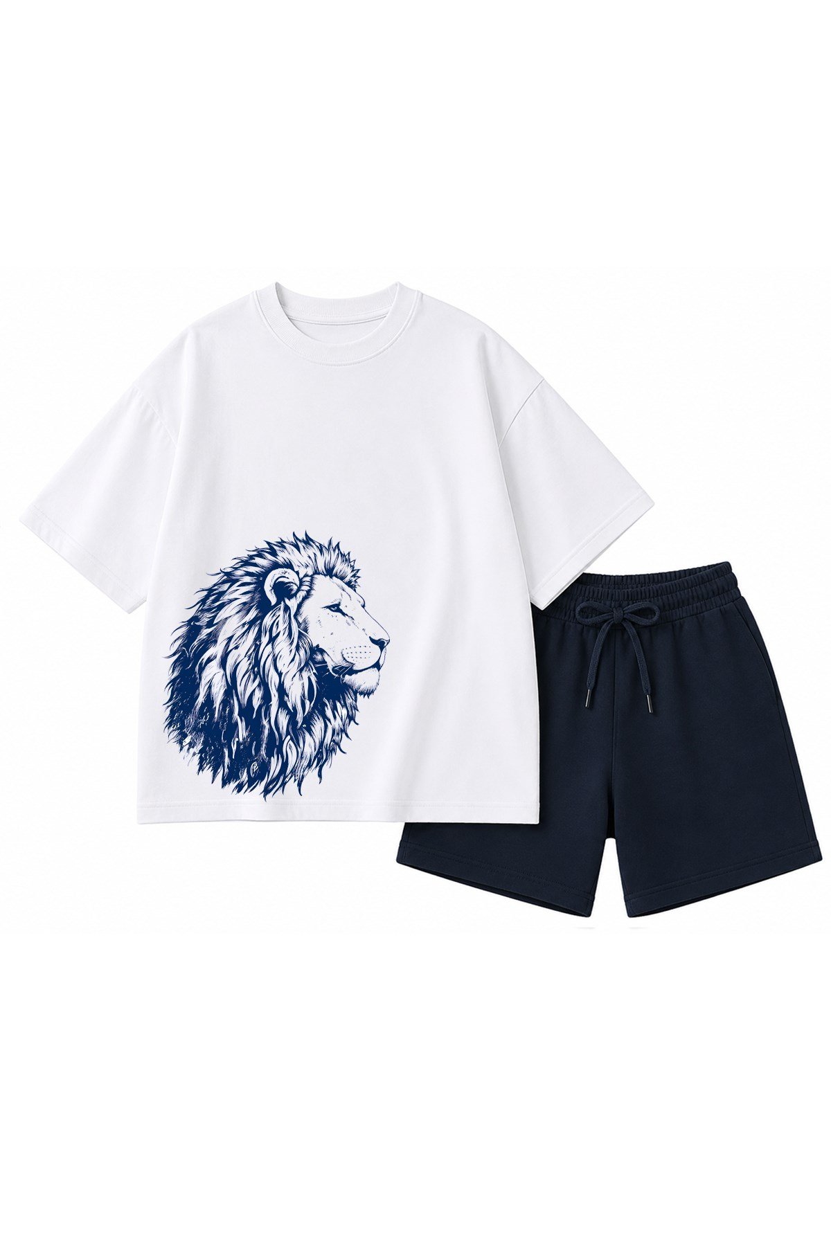 Erkek Çocuk Oversize Tişört Alt 2 İplik Şort Premium Kalite Belya Kids Aslan Tasarım Alt Üst Takım