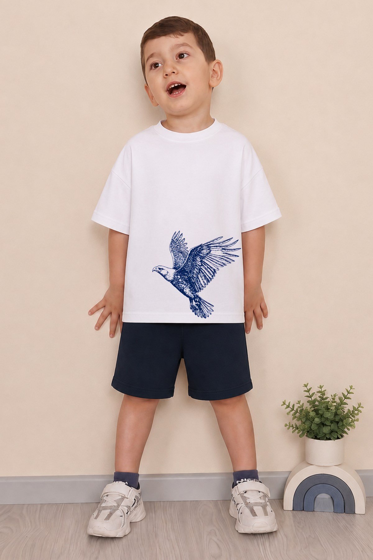 Erkek Çocuk Oversize Tişört Alt 2 İplik Şort Premium Kalite Belya Kids Kartal Tasarım Alt Üst Takım