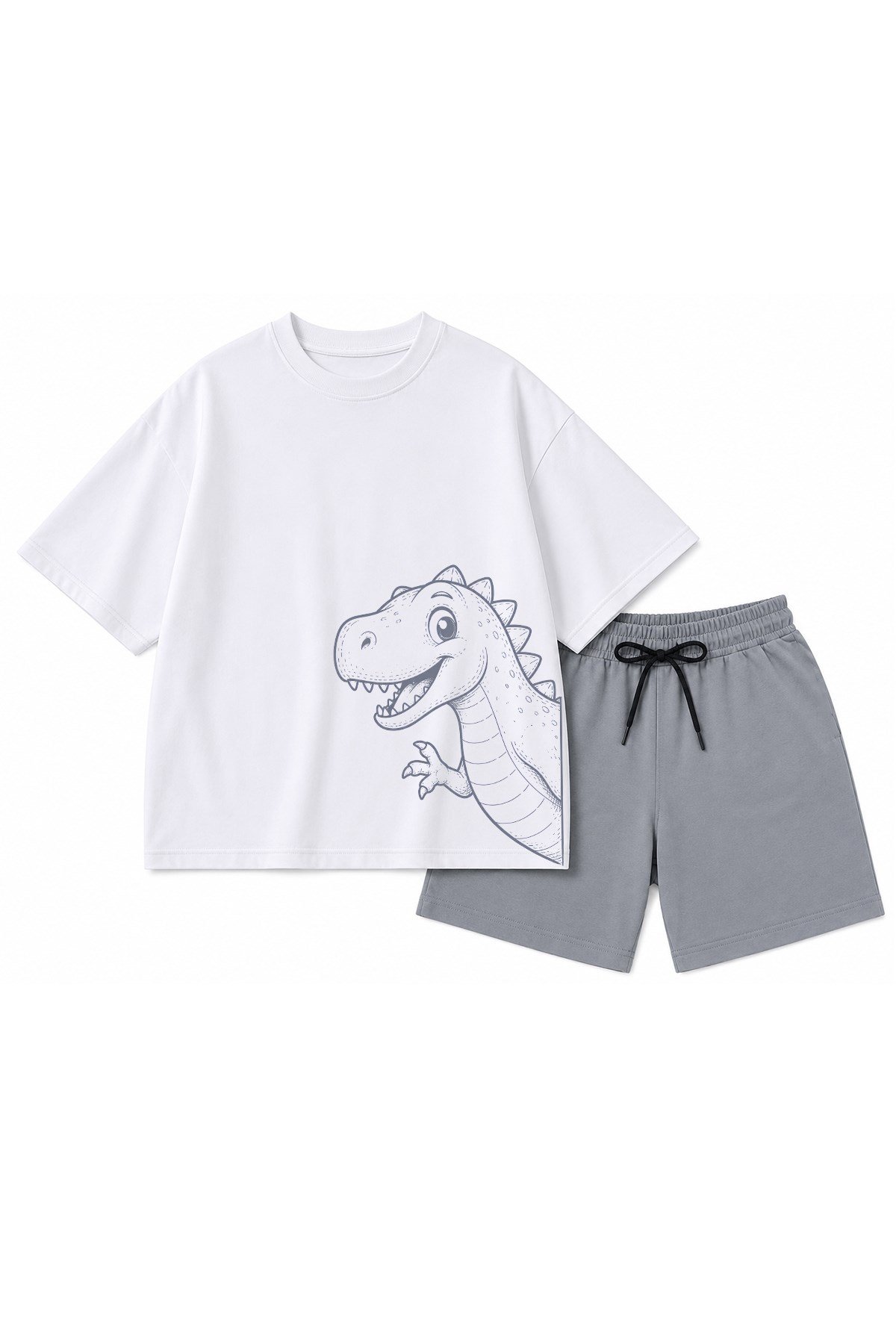 Erkek Çocuk Oversize Tişört Alt 2 İplik Şort Premium Kalite Belya Kids Dinazor Tasarım Alt Üst Takım