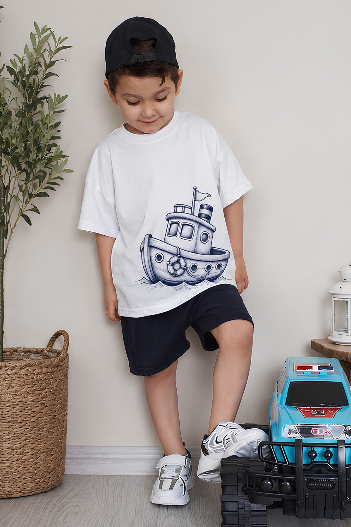 Erkek Çocuk Oversize Tişört Alt 2 İplik Şort Premium Kalite Belya Kids Gemi Tasarım Alt Üst Takım