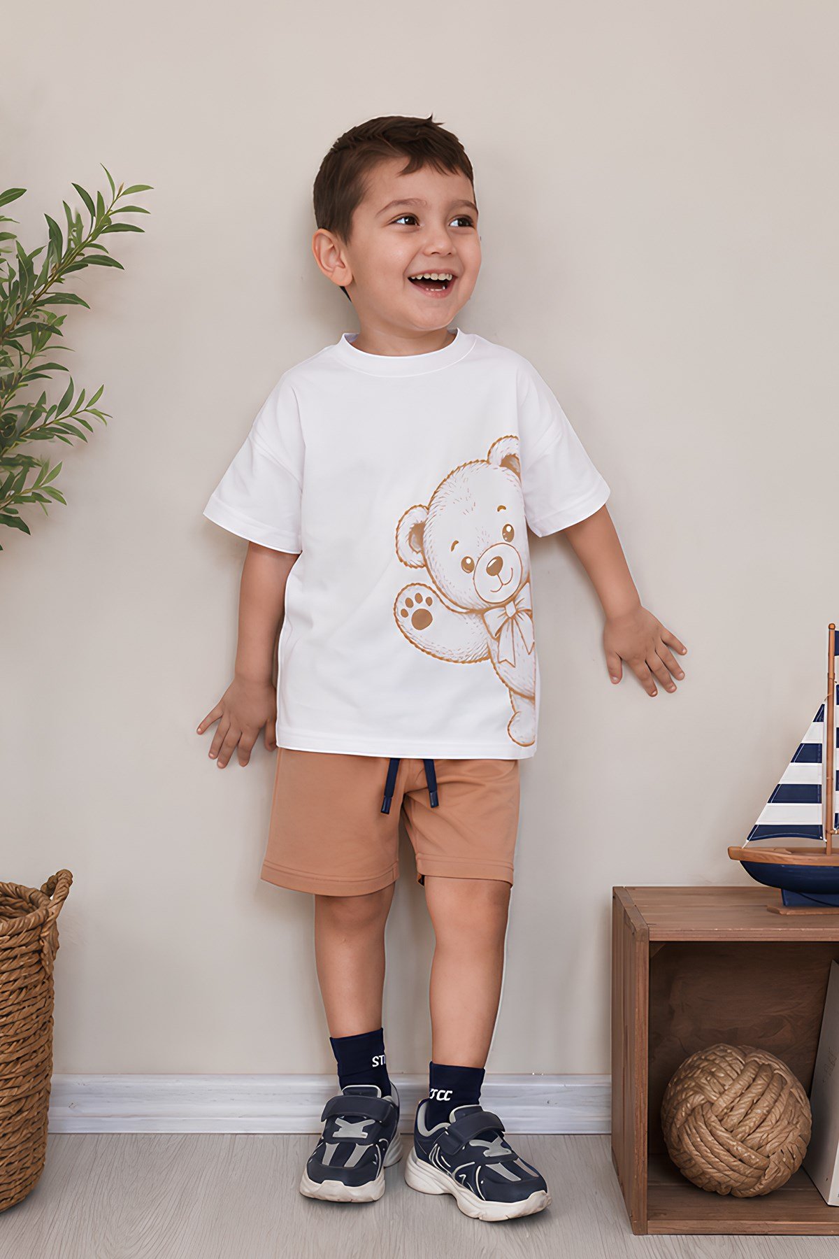 Erkek Çocuk Oversize Tişört Alt 2 İplik Şort Premium Kalite Belya Kids Ayıcık Tasarım Alt Üst Takım