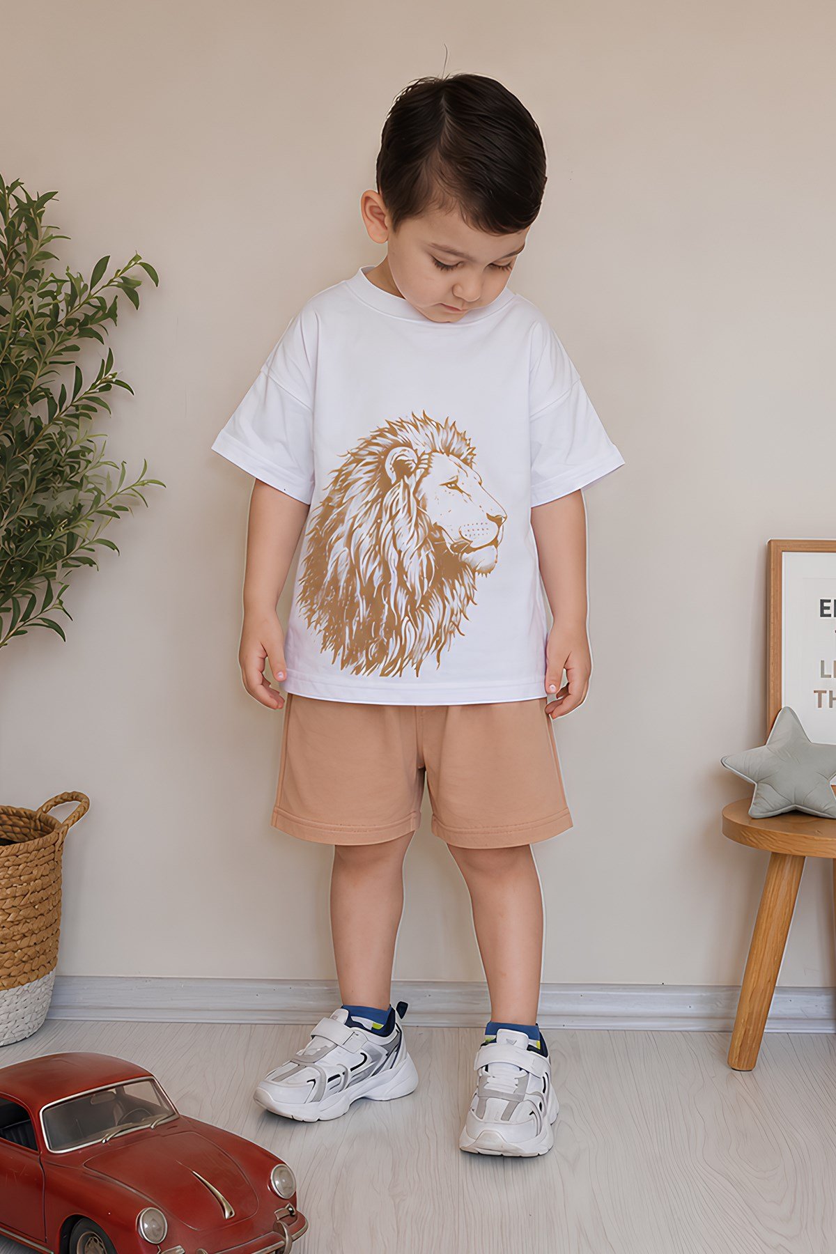 Erkek Çocuk Oversize Tişört Alt 2 İplik Şort Premium Kalite Belya Kids Aslan Tasarım Alt Üst Takım