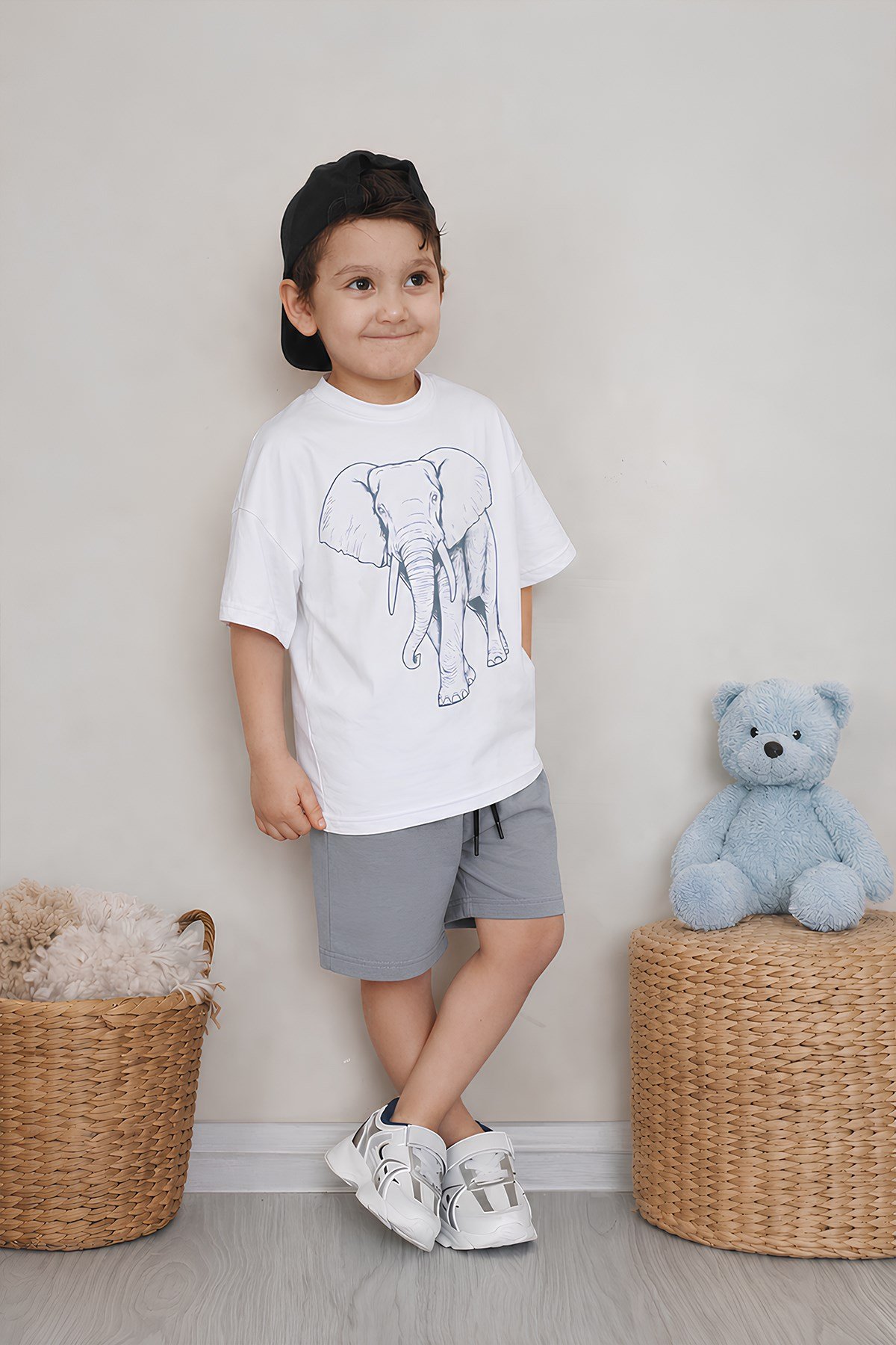 Erkek Çocuk Oversize Tişört Alt 2 İplik Şort Premium Kalite Belya Kids Fil Tasarım Alt Üst Takım