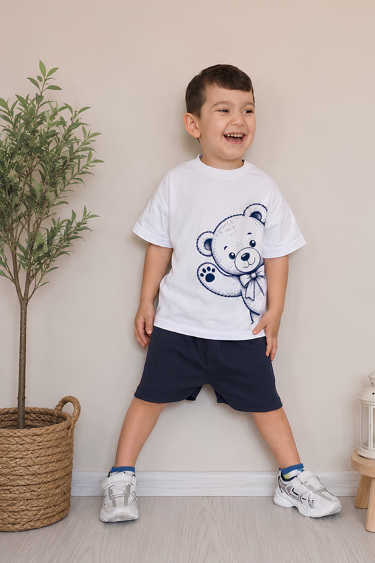 Erkek Çocuk Oversize Tişört Alt 2 İplik Şort Premium Kalite Belya Kids Ayıcık Tasarım Alt Üst Takım