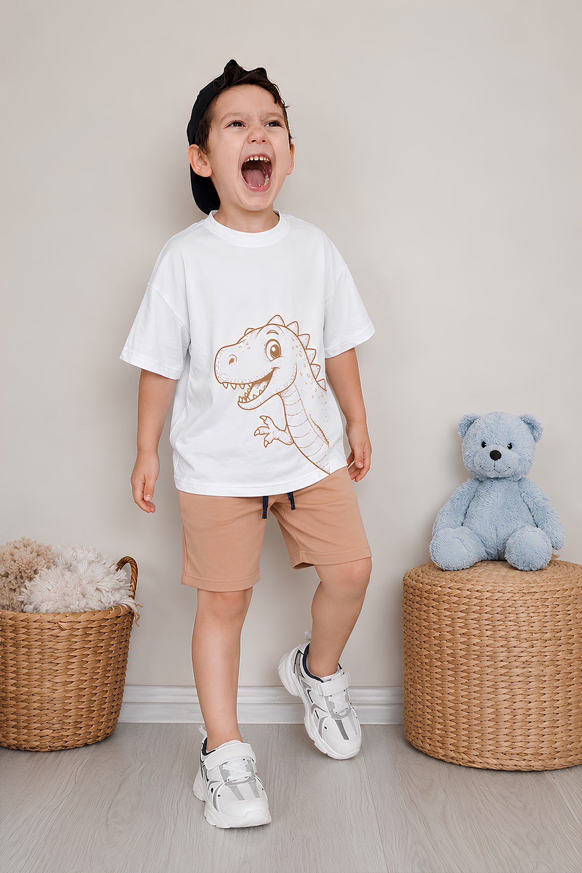 Erkek Çocuk Oversize Tişört Alt 2 İplik Şort Premium Kalite Belya Kids Dinazor Tasarım Alt Üst Takım