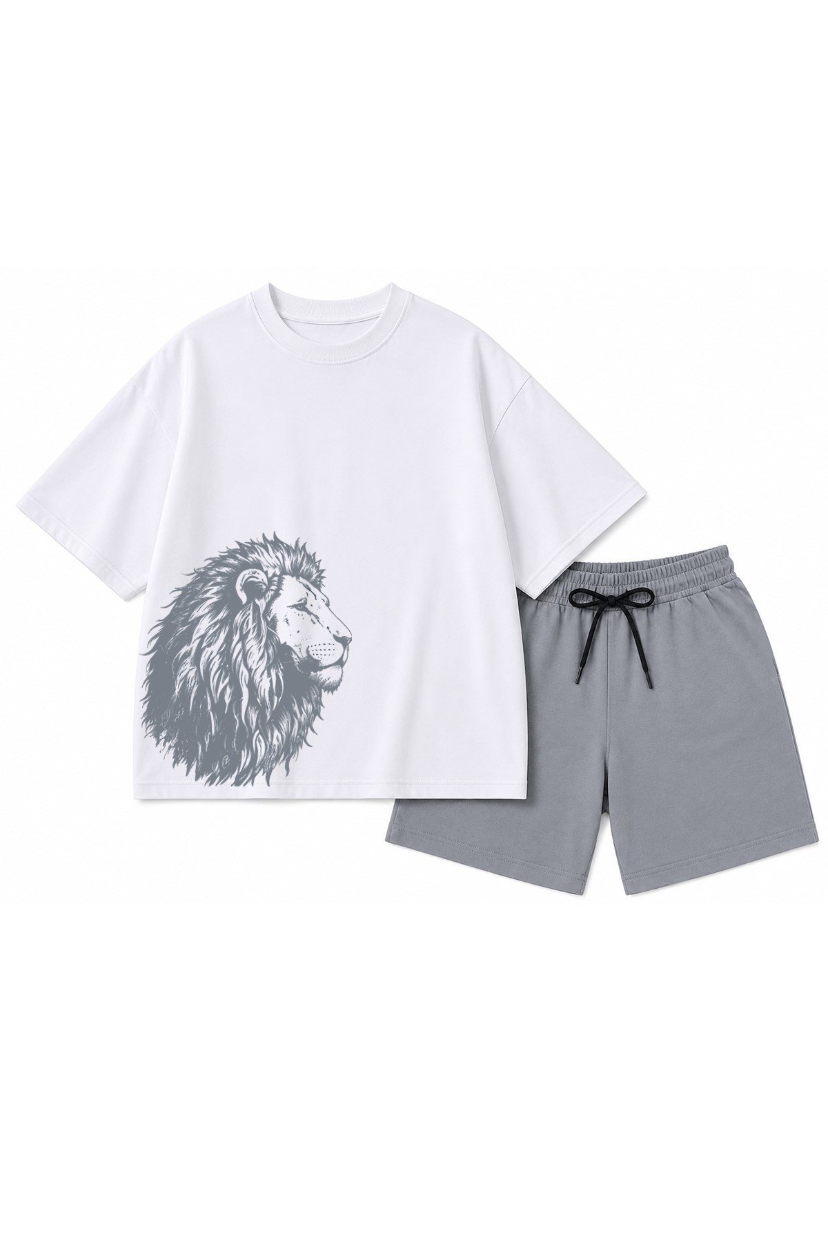 Erkek Çocuk Oversize Tişört Alt 2 İplik Şort Premium Kalite Belya Kids Aslan Tasarım Alt Üst Takım