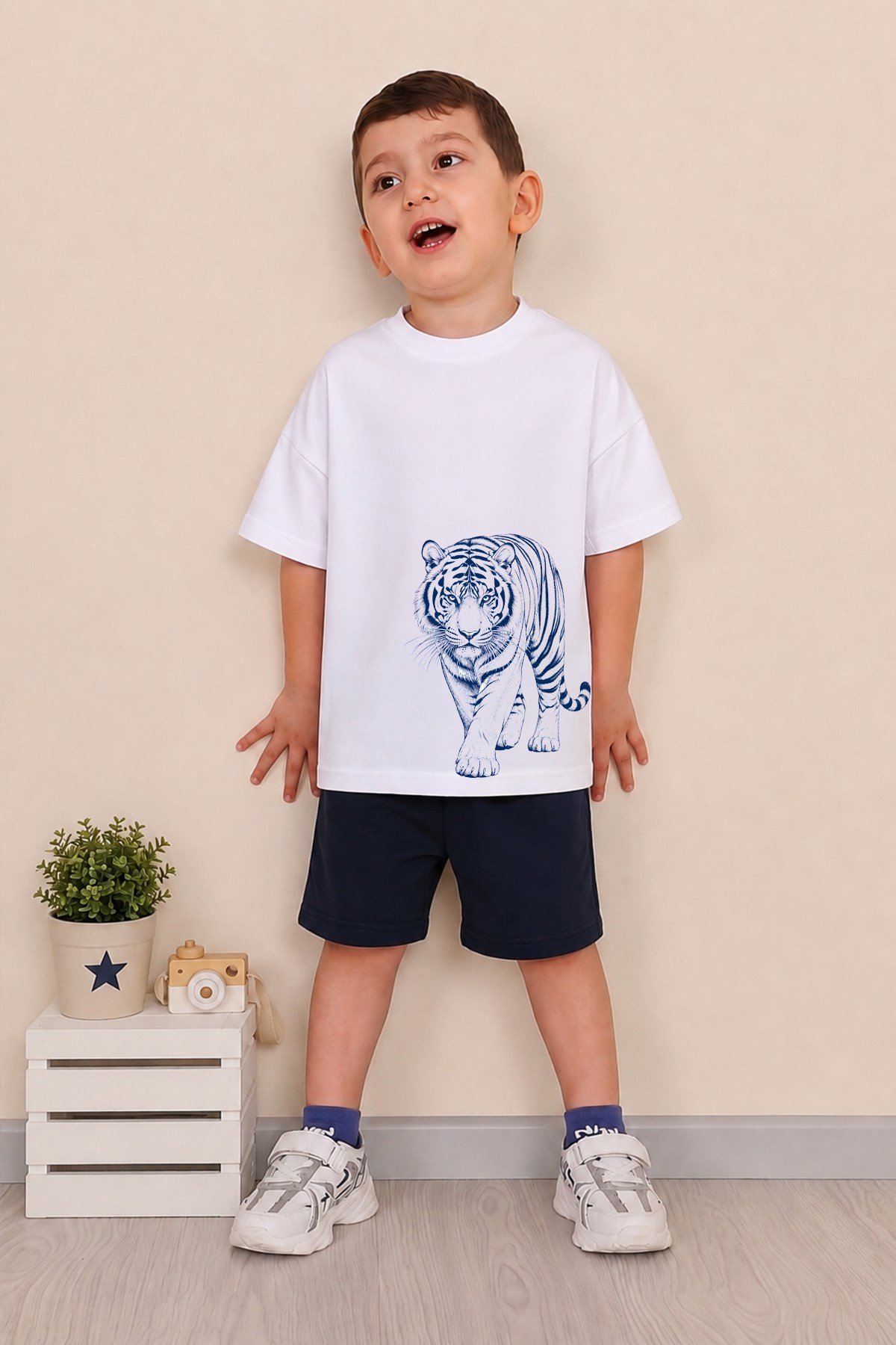 Erkek Çocuk Oversize Tişört Alt 2 İplik Şort Premium Kalite Belya Kids Kaplan Tasarım Alt Üst Takım