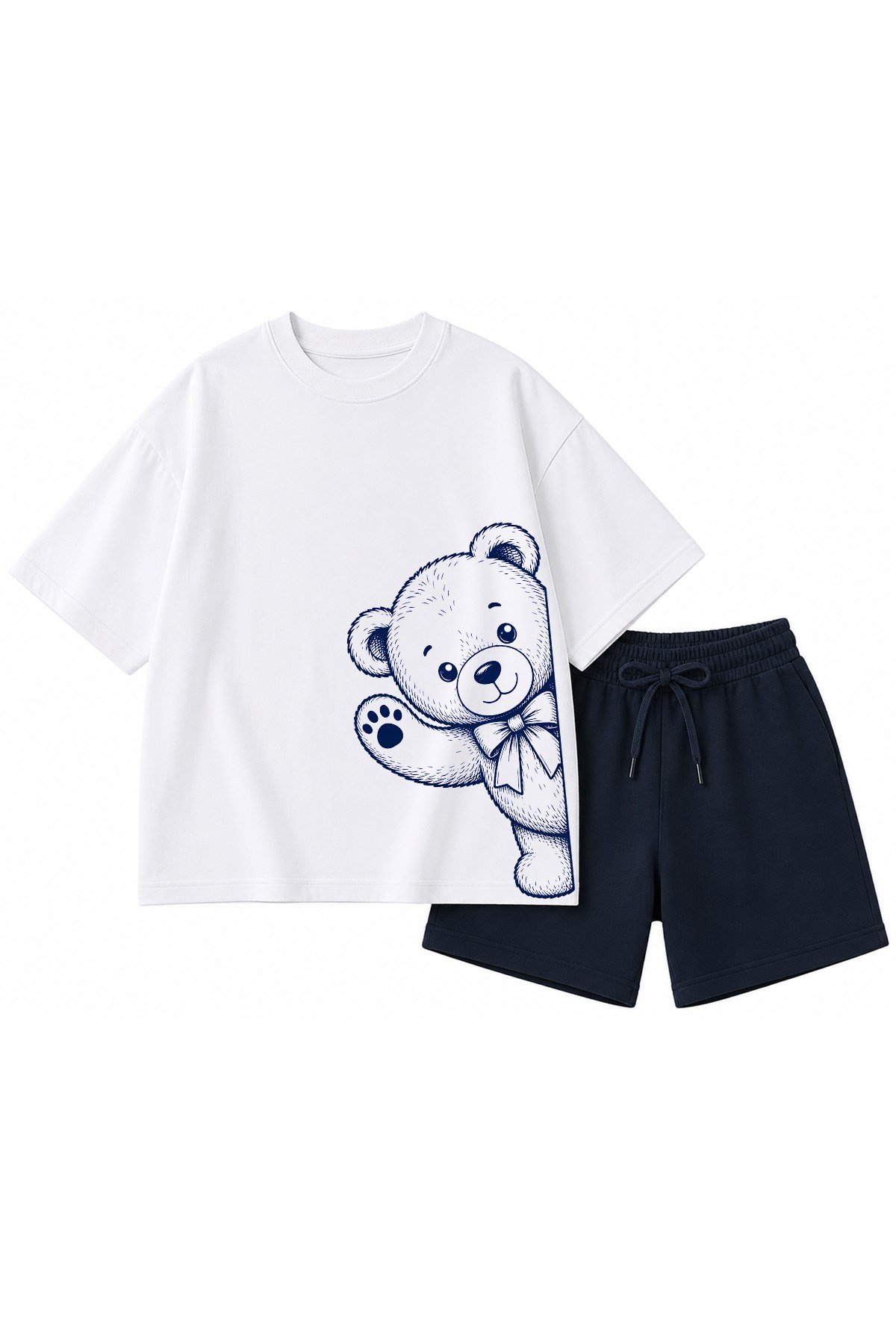 Erkek Çocuk Oversize Tişört Alt 2 İplik Şort Premium Kalite Belya Kids Ayıcık Tasarım Alt Üst Takım