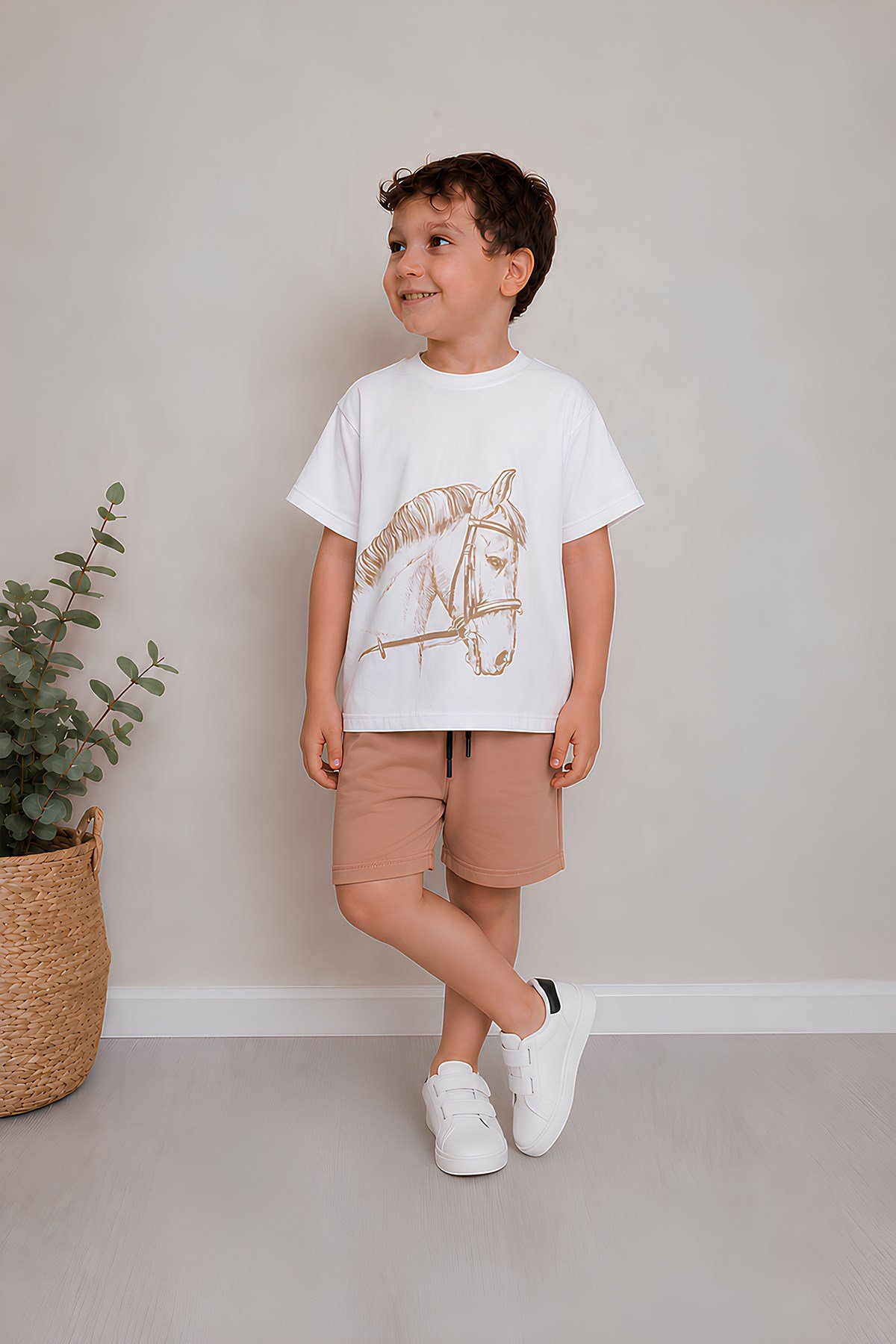 Erkek Çocuk Oversize Tişört Alt 2 İplik Şort Premium Kalite Belya Kids At Tasarım Alt Üst Takım