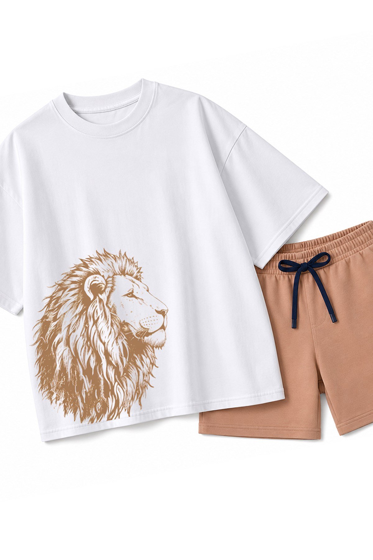 Erkek Çocuk Oversize Tişört Alt 2 İplik Şort Premium Kalite Belya Kids Aslan Tasarım Alt Üst Takım